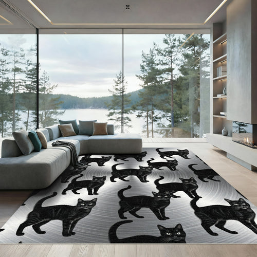 Black Cats Across Brushed Metal Rug