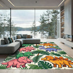 Cheerful Colorful Dinosaur Tropical Forest Scene Rug