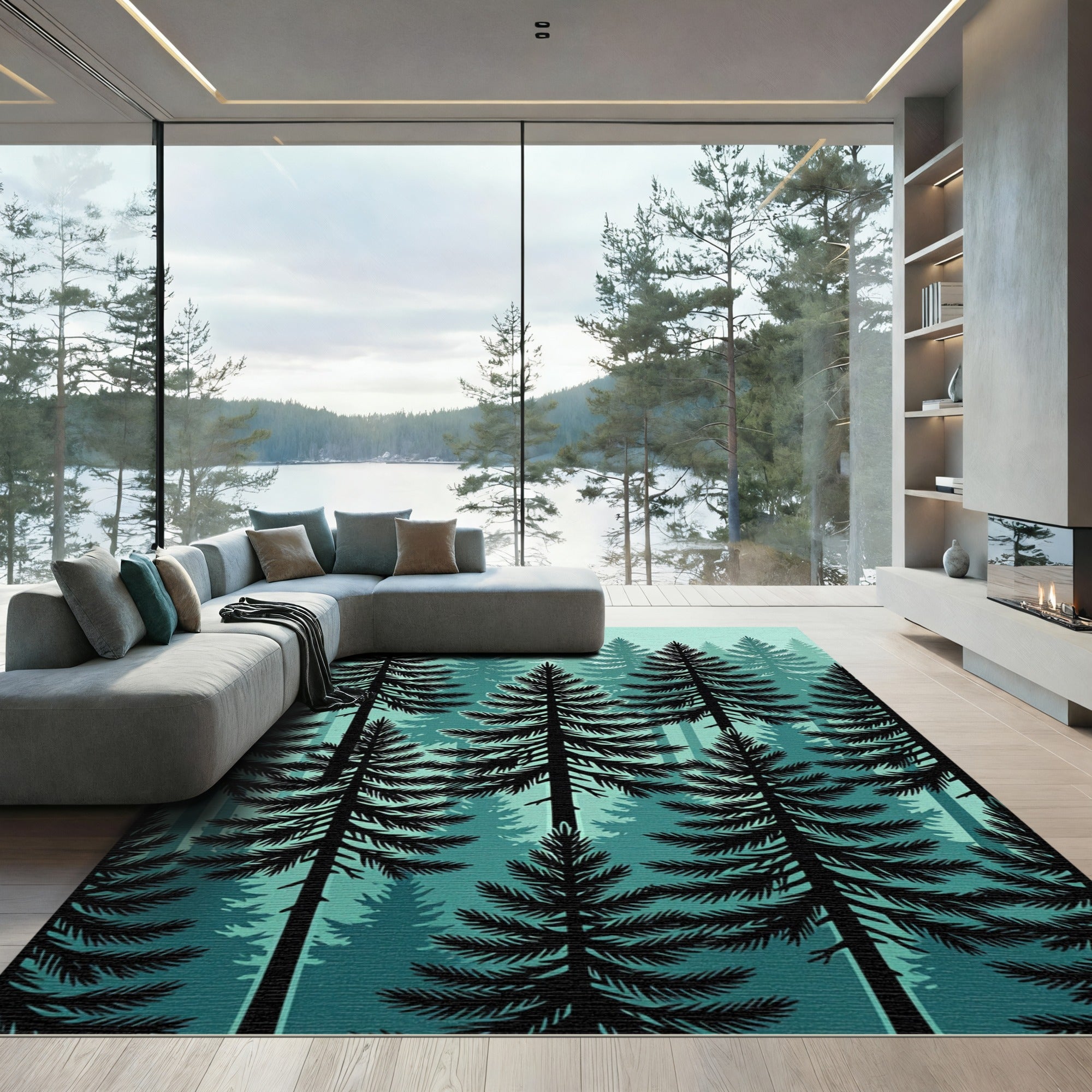 Deep Teal Evergreen Forest Landscape Rug