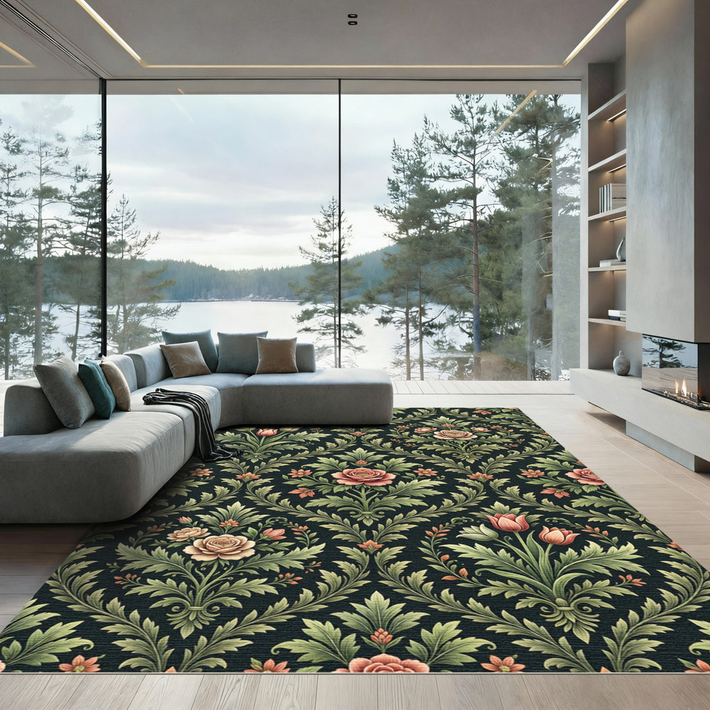 Dark Vintage Floral Damask Botanical Rug