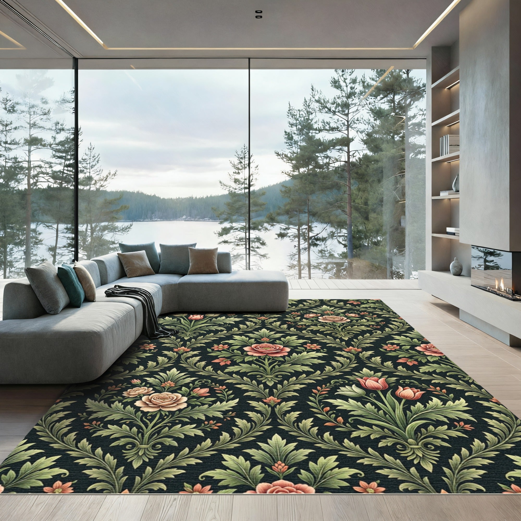 Dark Vintage Floral Damask Botanical Rug