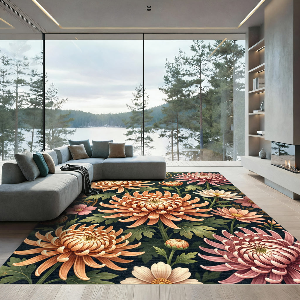 Crimson Peach Aster Floral Garland Rug