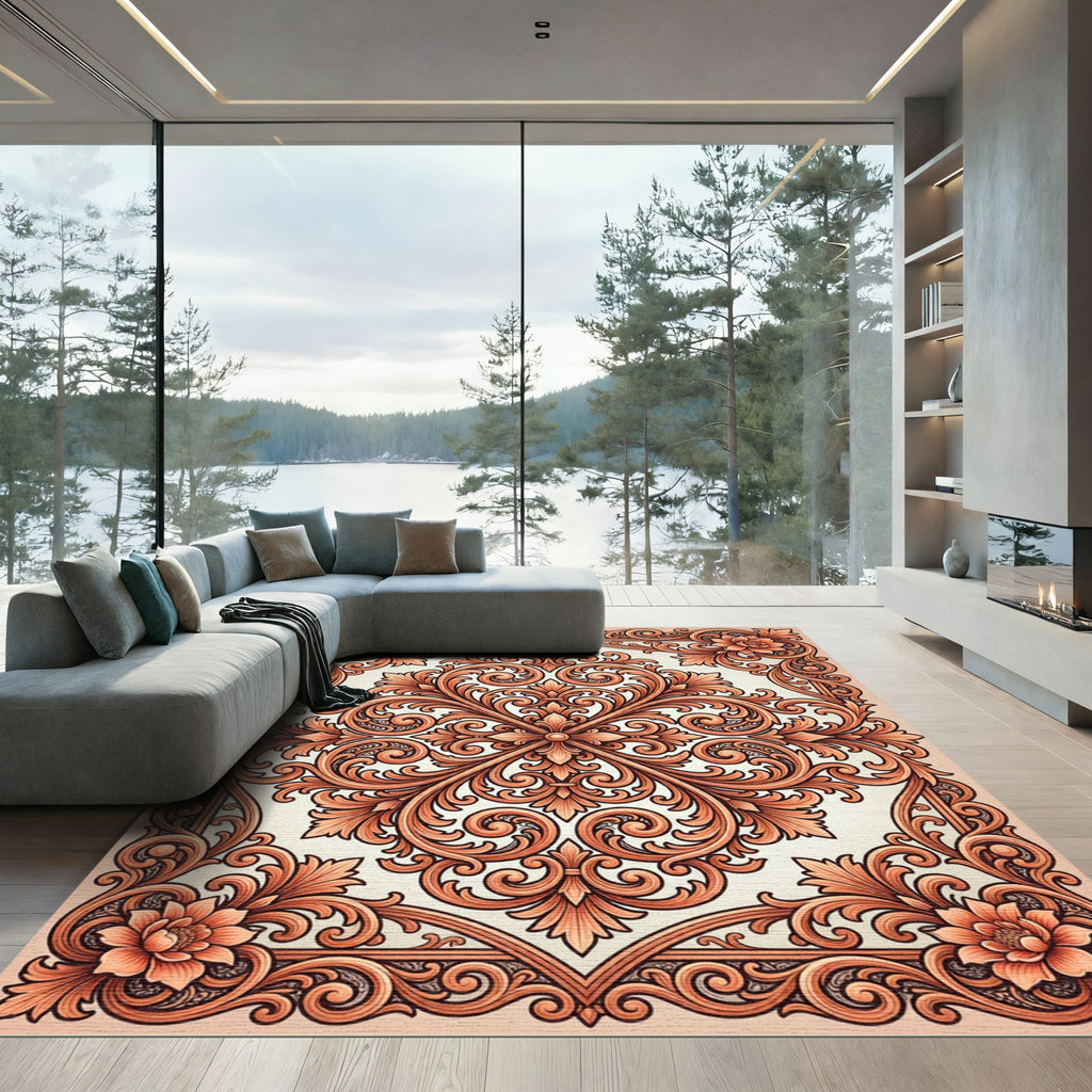 Elegant Terracotta Floral Baroque Scrollwork Rug