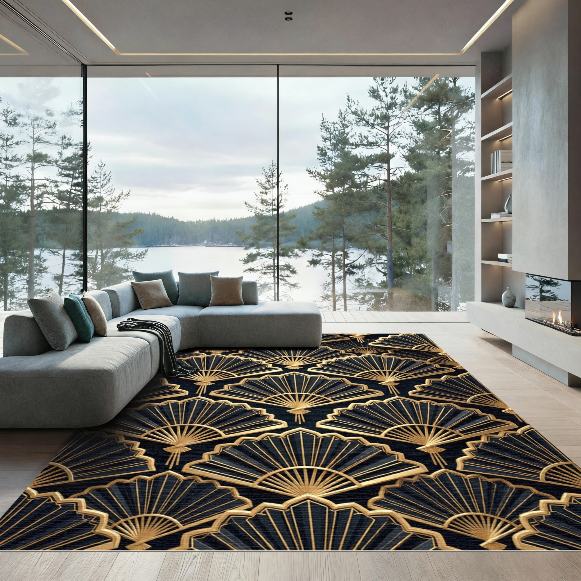 Elegant Black and Gold Art Deco Fan Rug