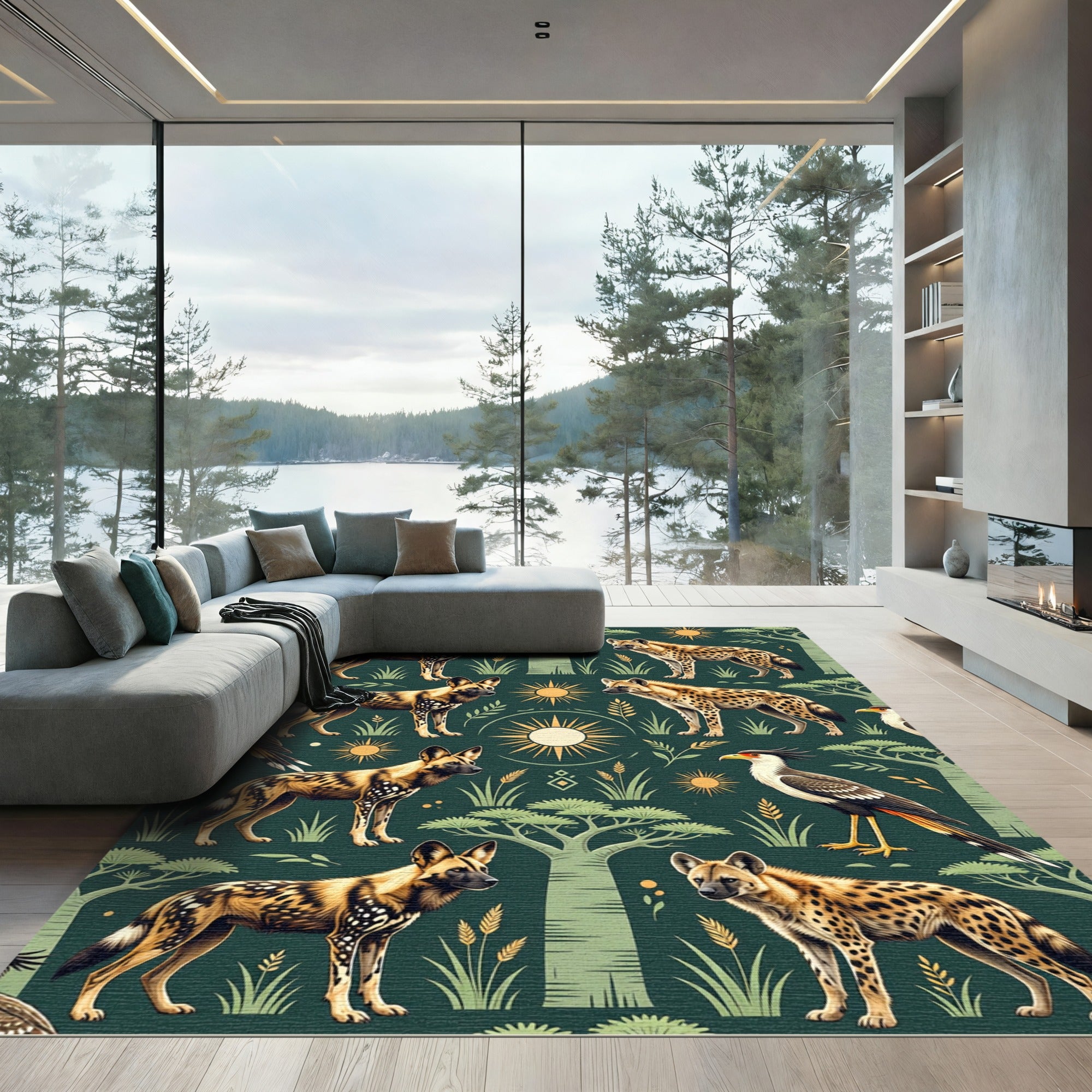 African Wildlife Forest Safari Sage Rug