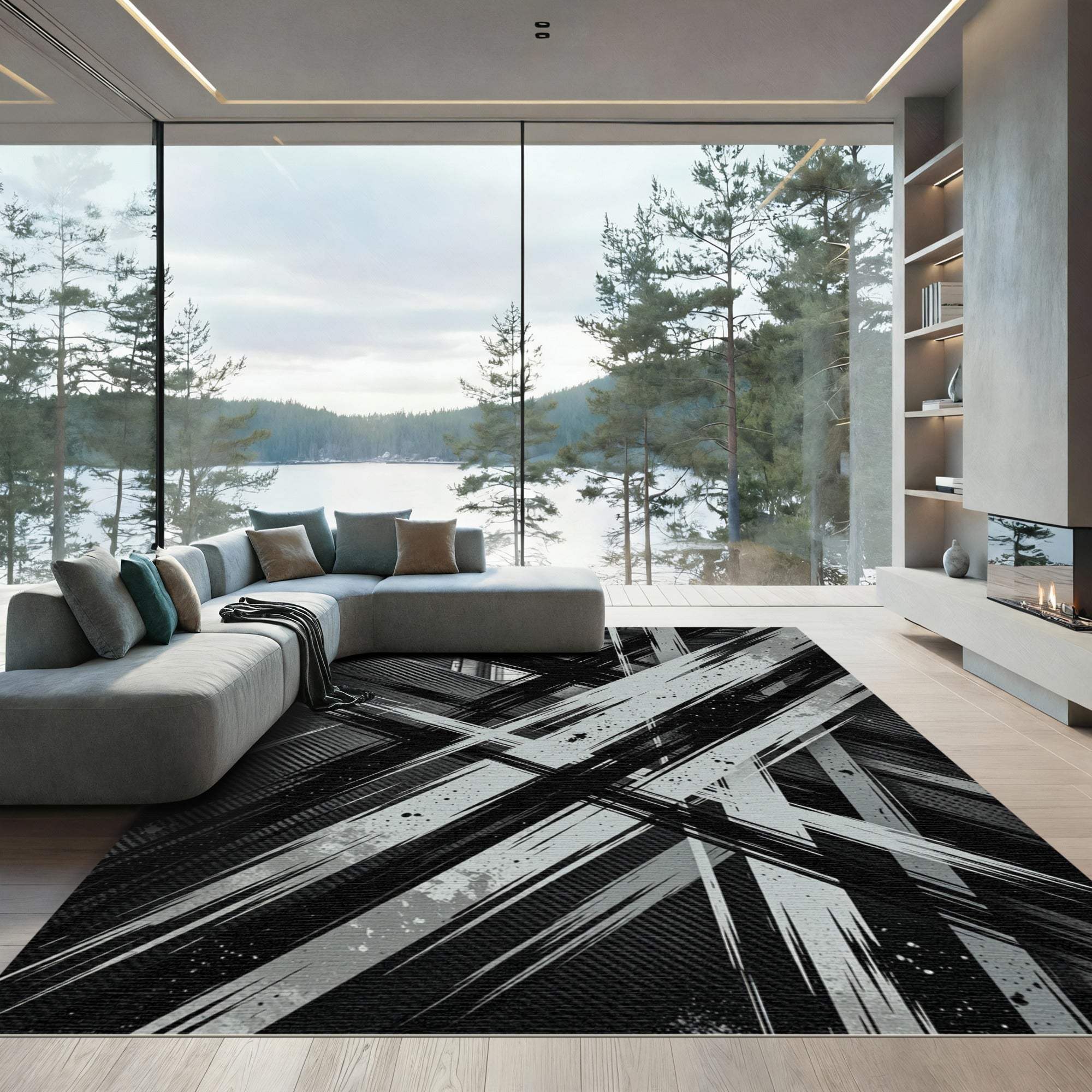 Monochromatic Abstract Geometric Brush Stroke Rug