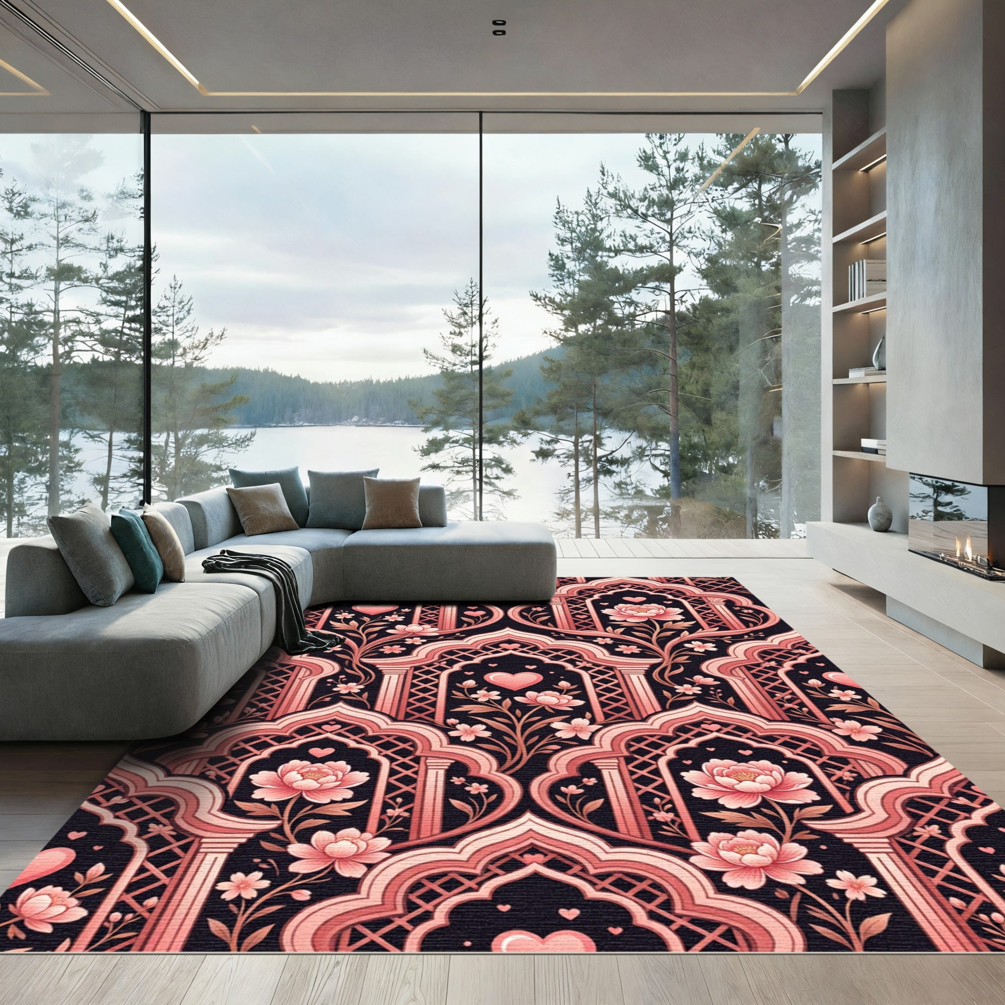 Pink Coral Arch Bloom Heart Rug