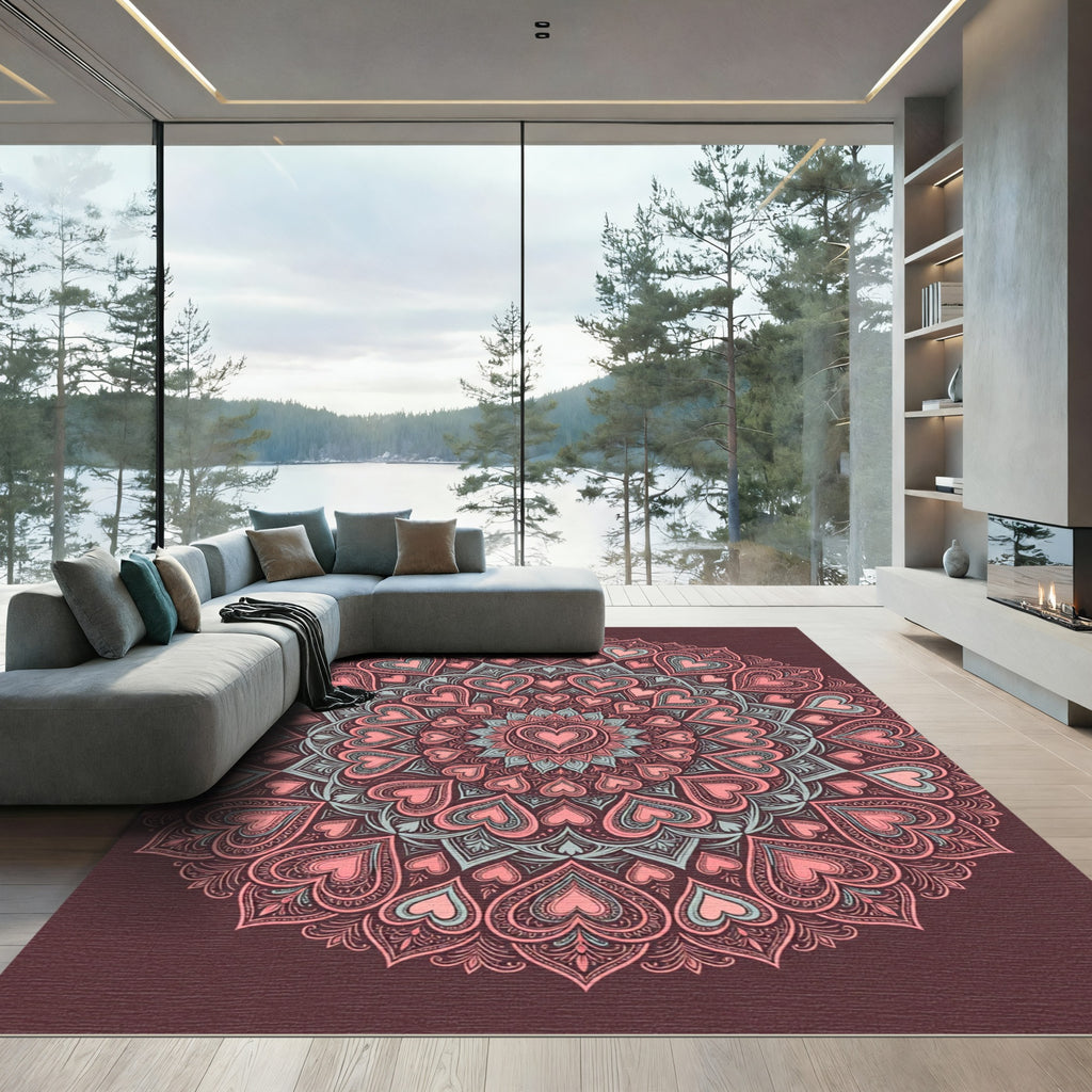 Blush Pink Heart Mandala Round Rug