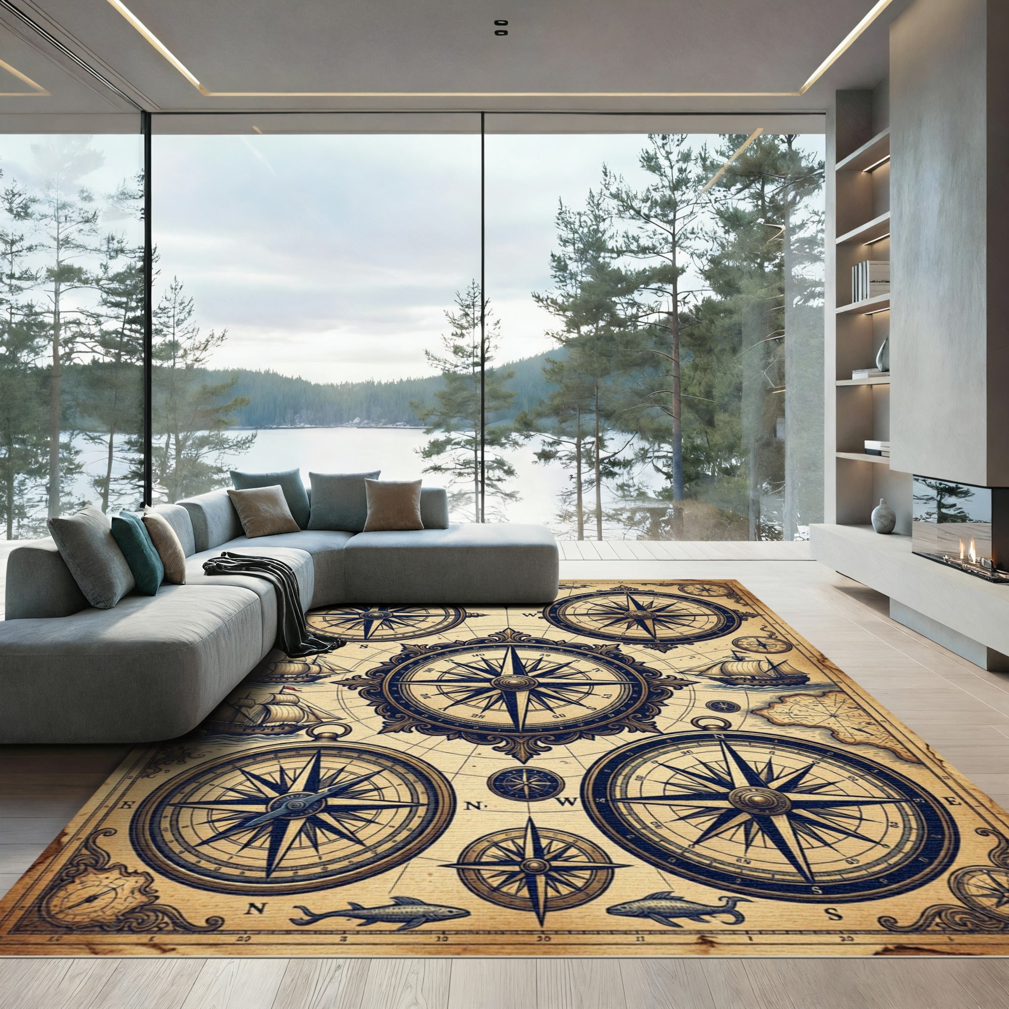 Vintage Nautical Compass Maritime Map Rug