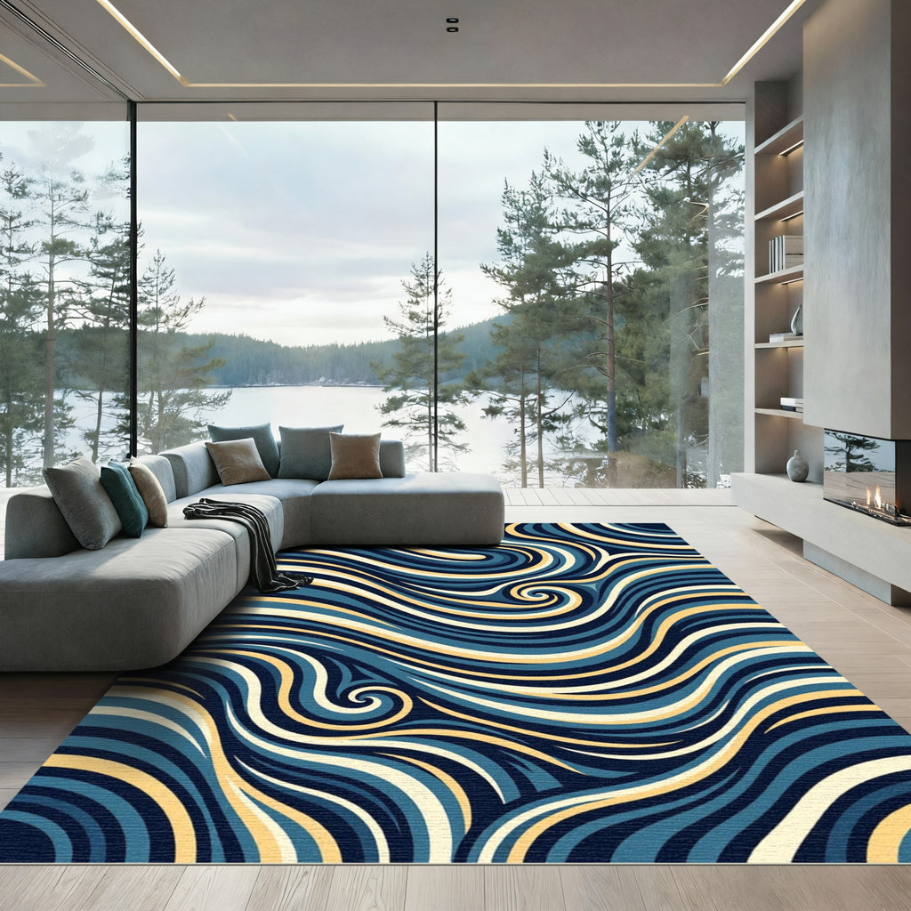 Navy and Gold Fluid Swirl Wave Rug
