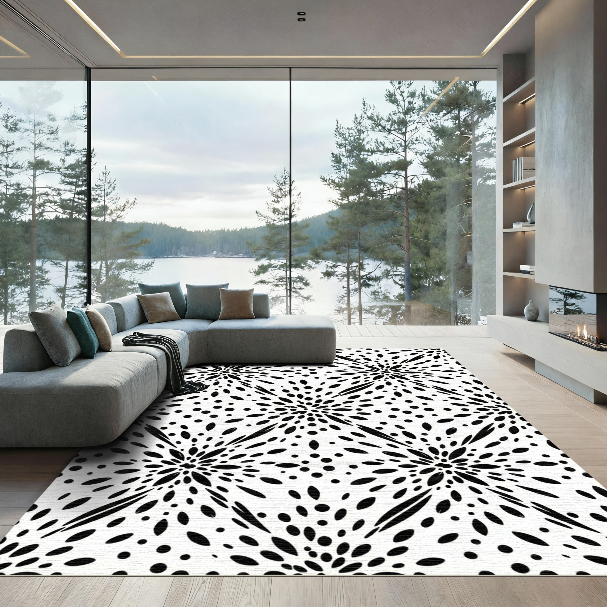 Black White Abstract Explosion Rug