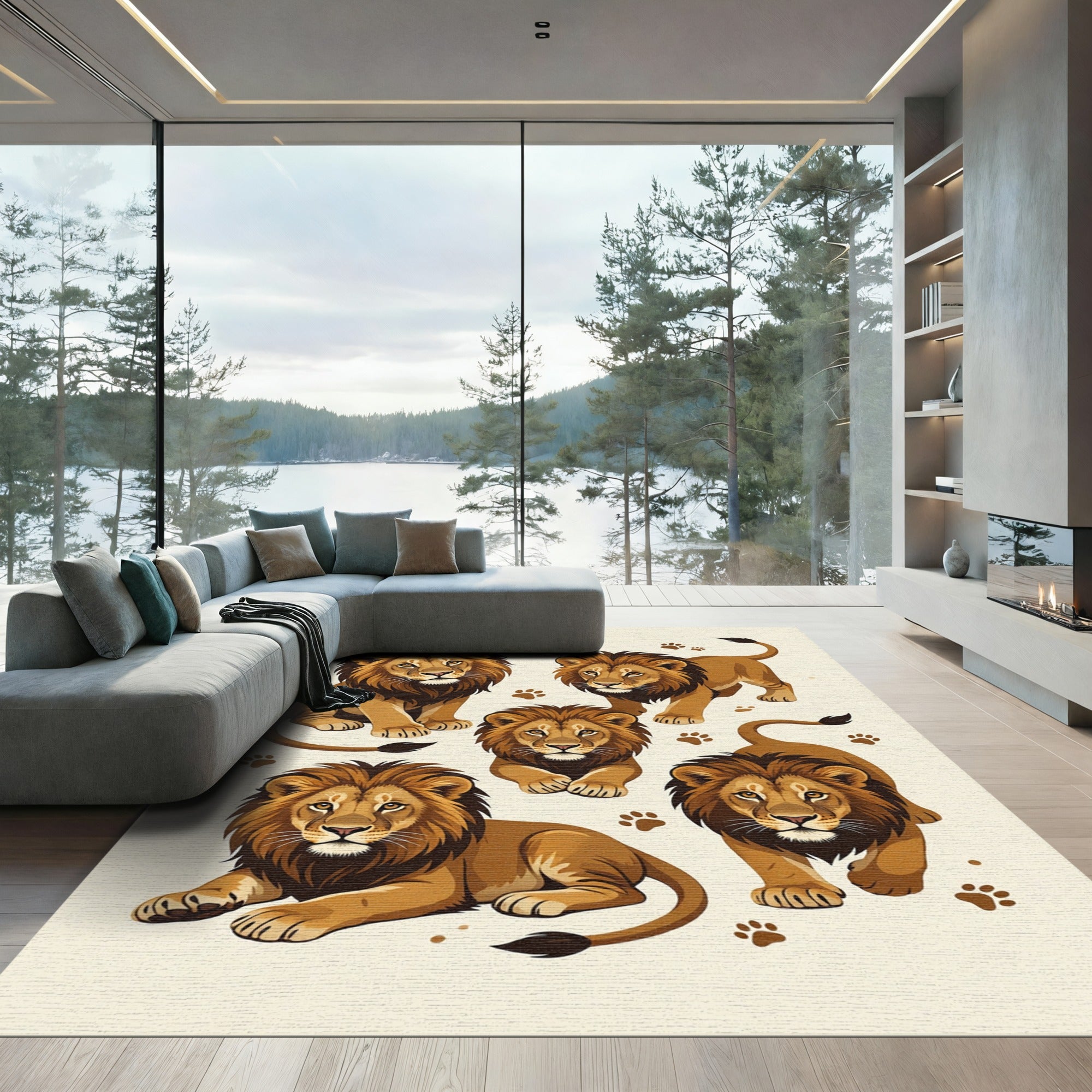 Majestic Golden Lion Animal Illustration Rug