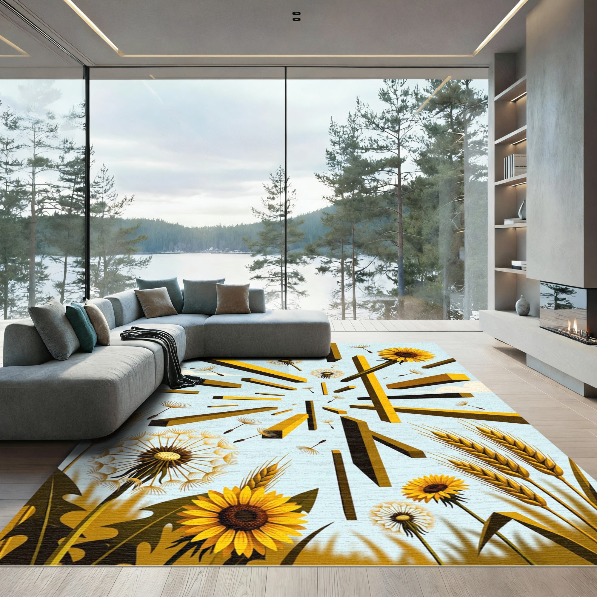 Golden Sunflower Dandelion Abstract Geometric Landscape Rug