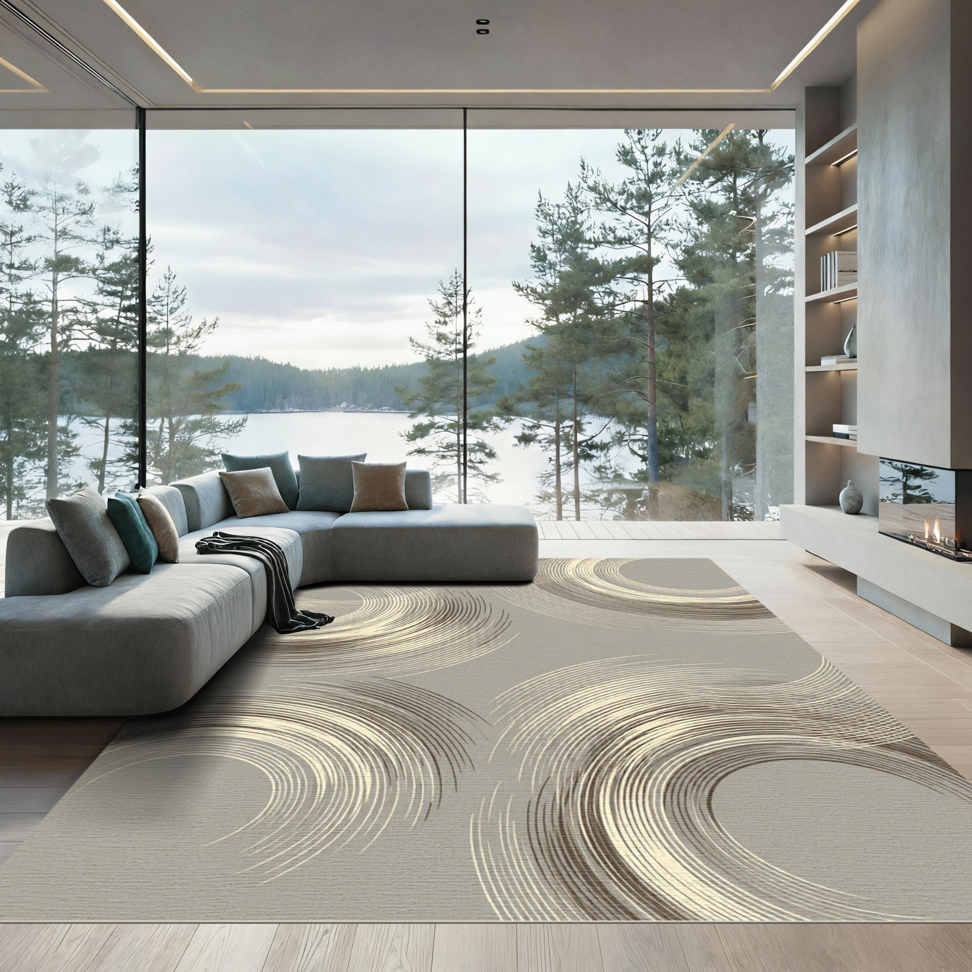 Modern Taupe Abstract Arched Swirl Rug