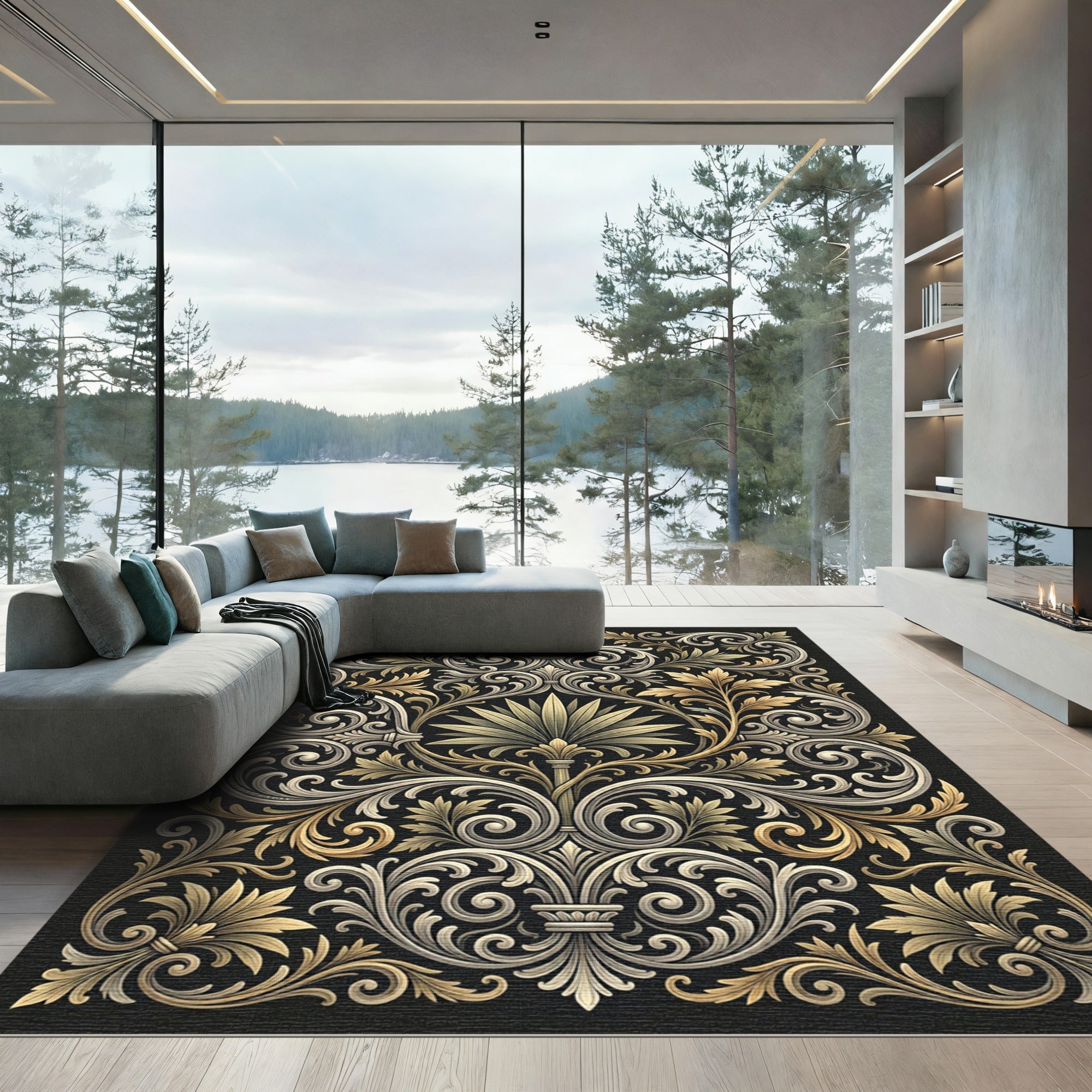 Ornate Gold White Scrollwork Arrangement Rug