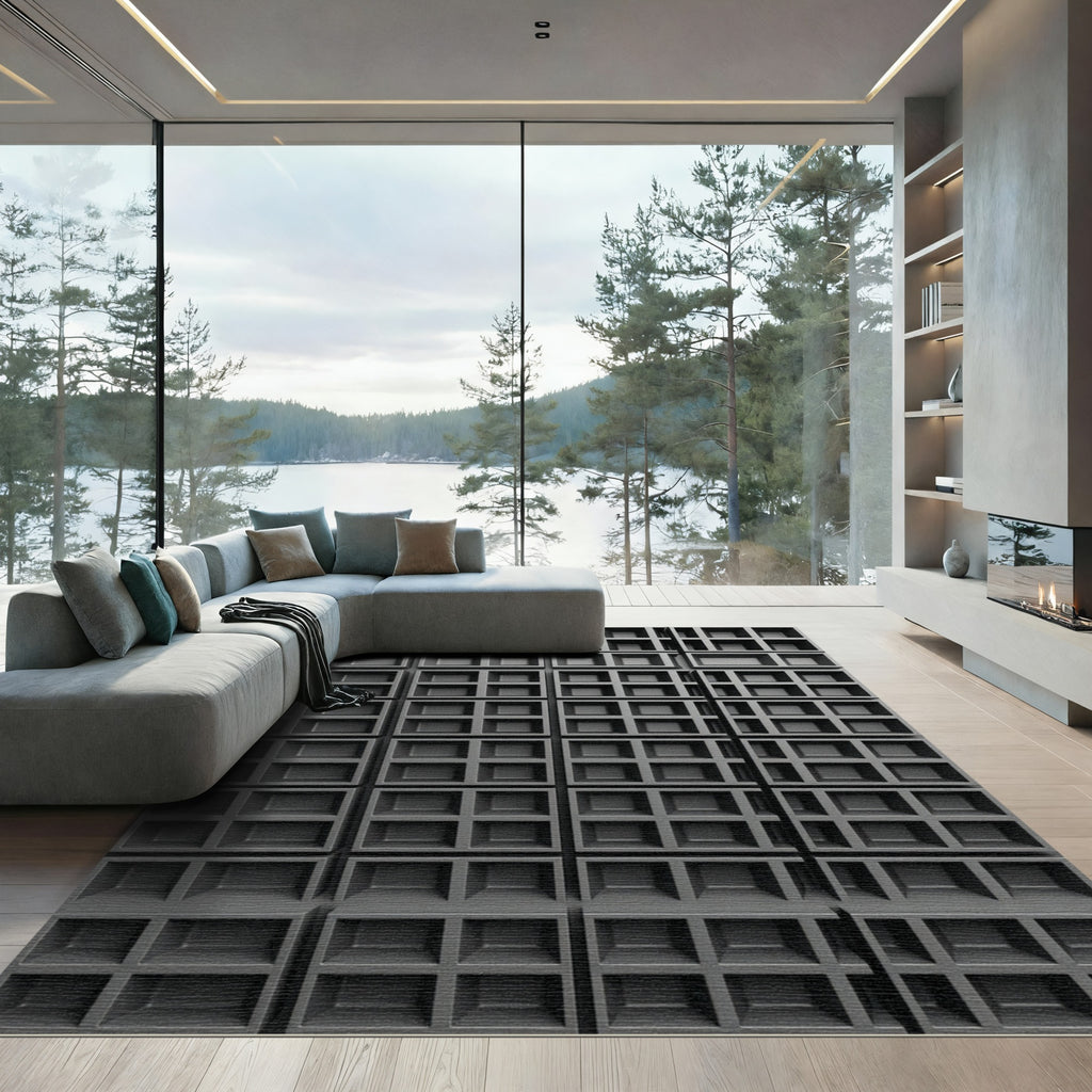 Modern Charcoal Architectural Grid Texture Rug