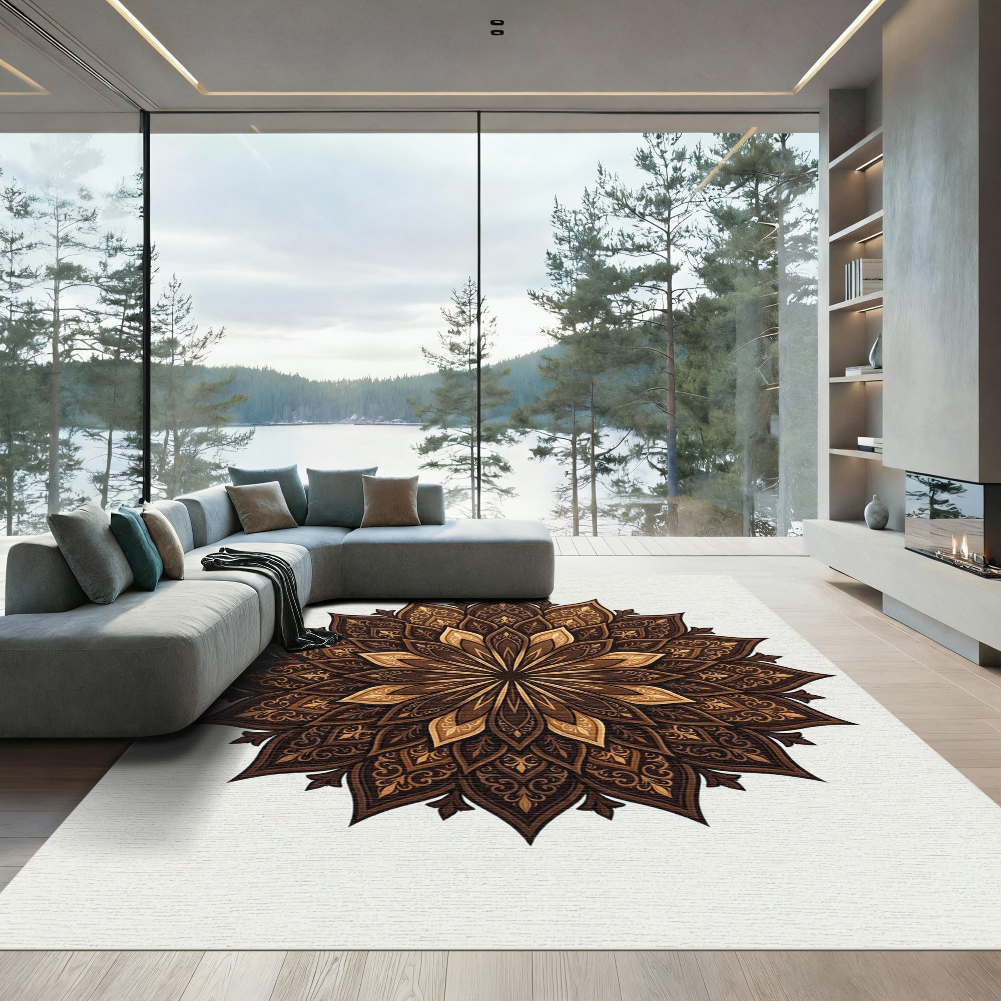 Elegant Chocolate Gold Floral Mandala Rug