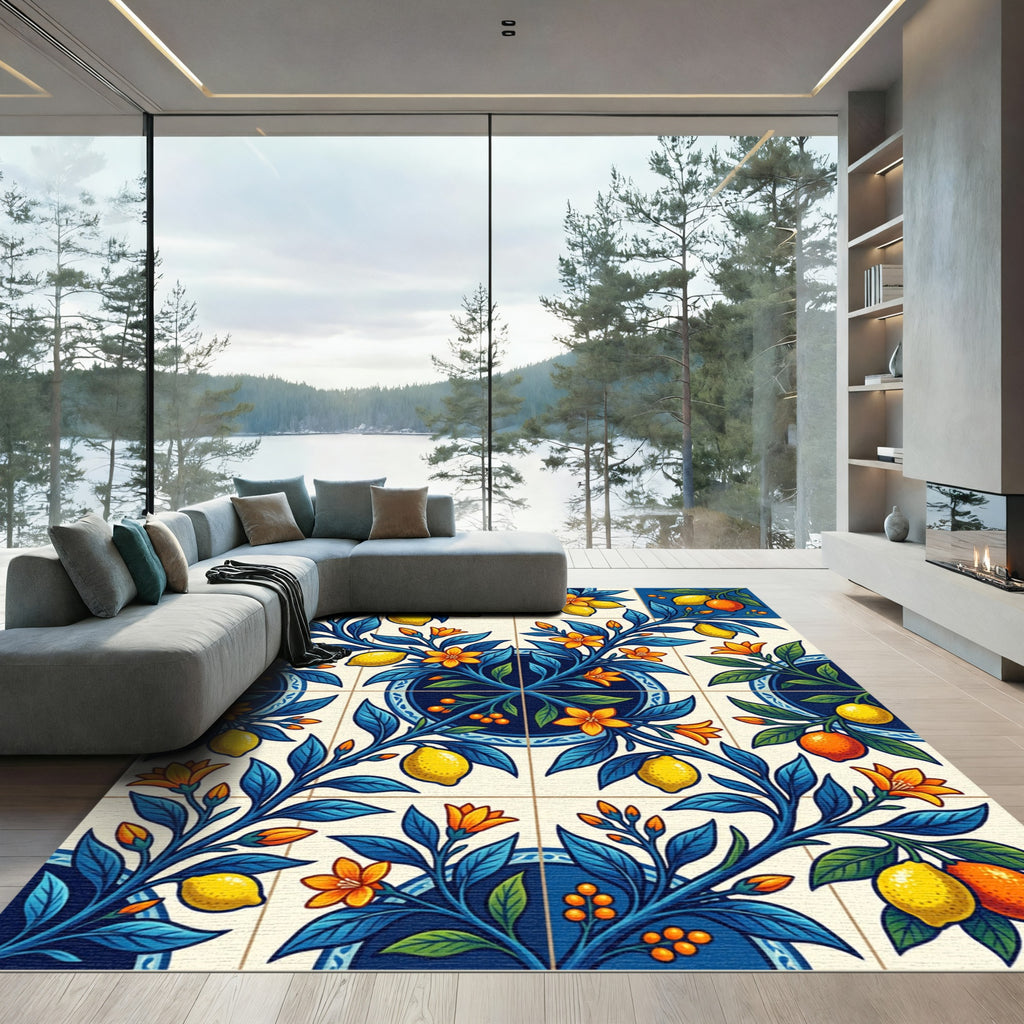 Vibrant Lemon Branch Tile Composition Rug