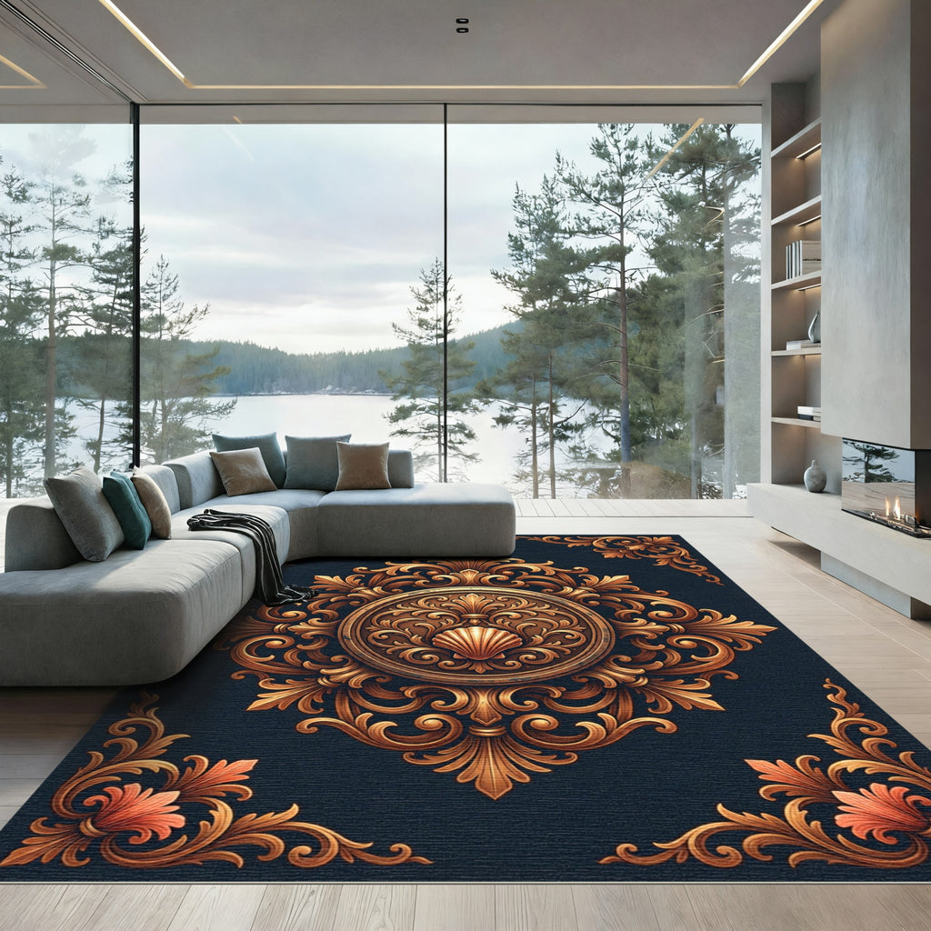 Ornate Gold Baroque Shell Medallion Rug