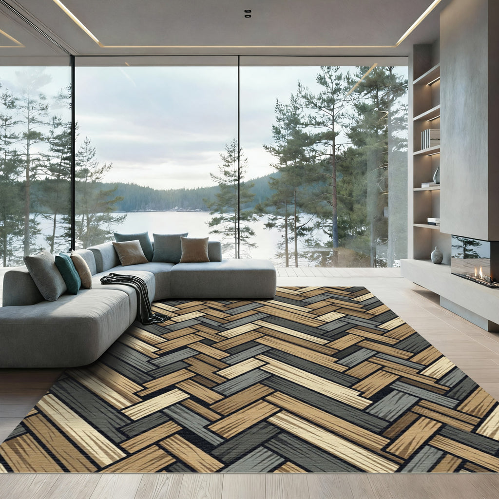 Herringbone Neutral Tones Wooden Textures Rug