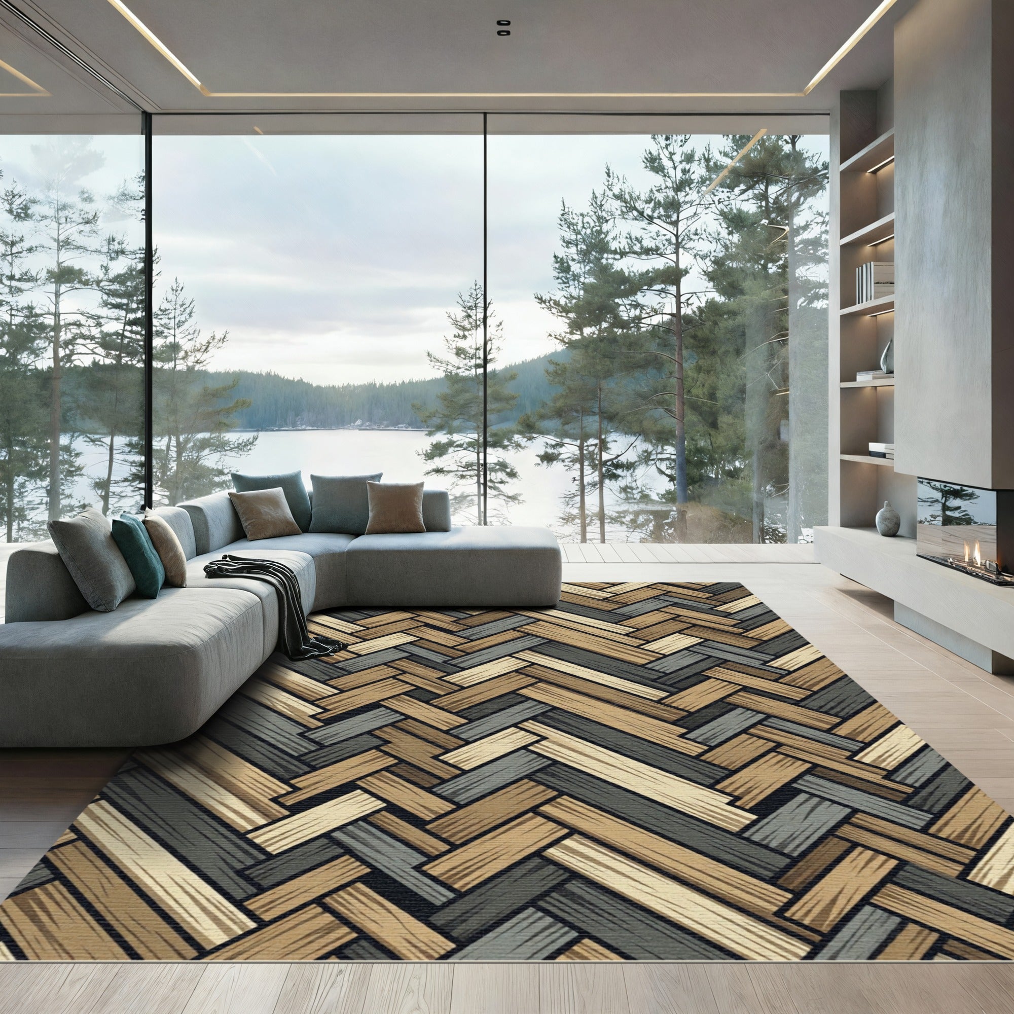 Herringbone Neutral Tones Wooden Textures Rug