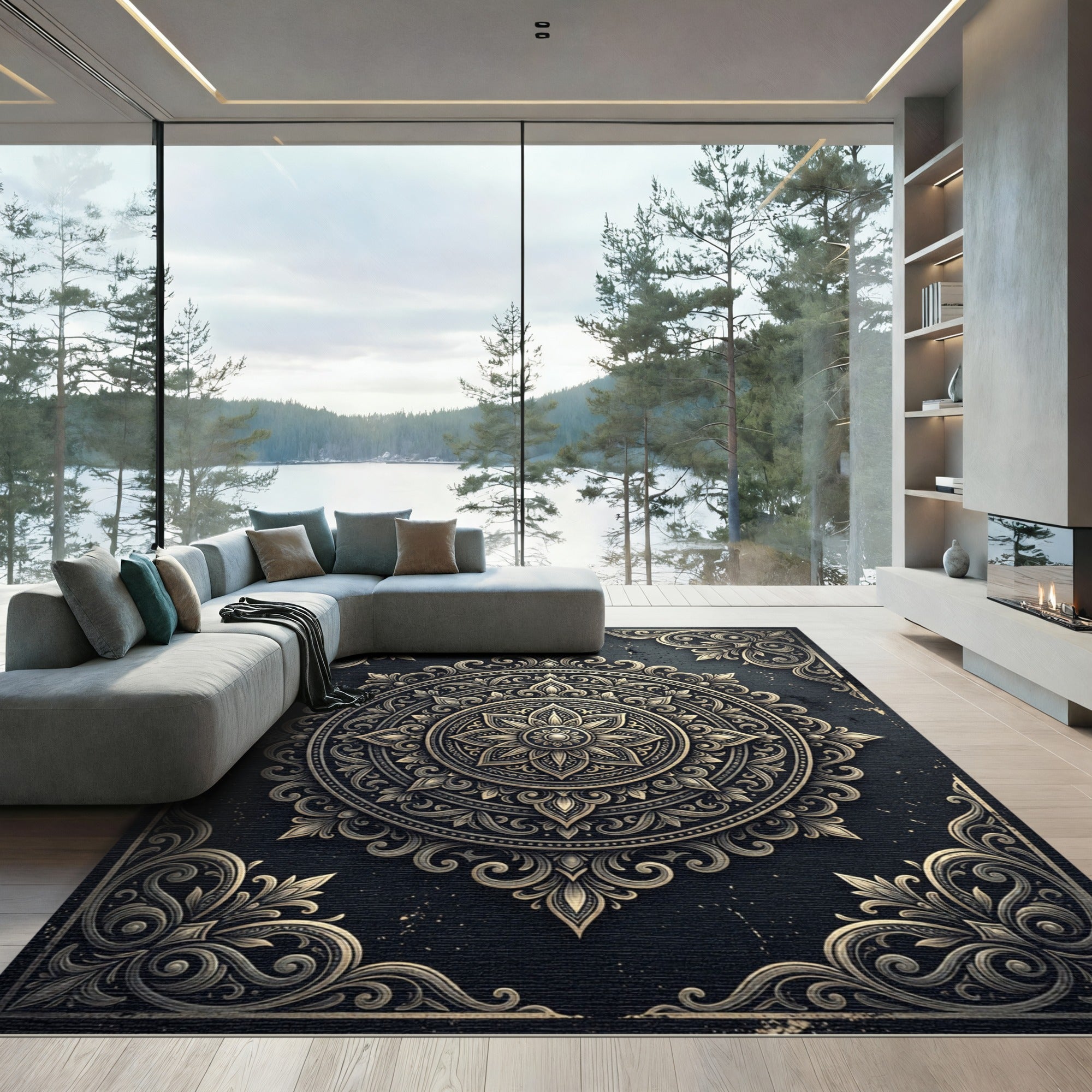 Ornate Charcoal and Champagne Floral Medallion Rug