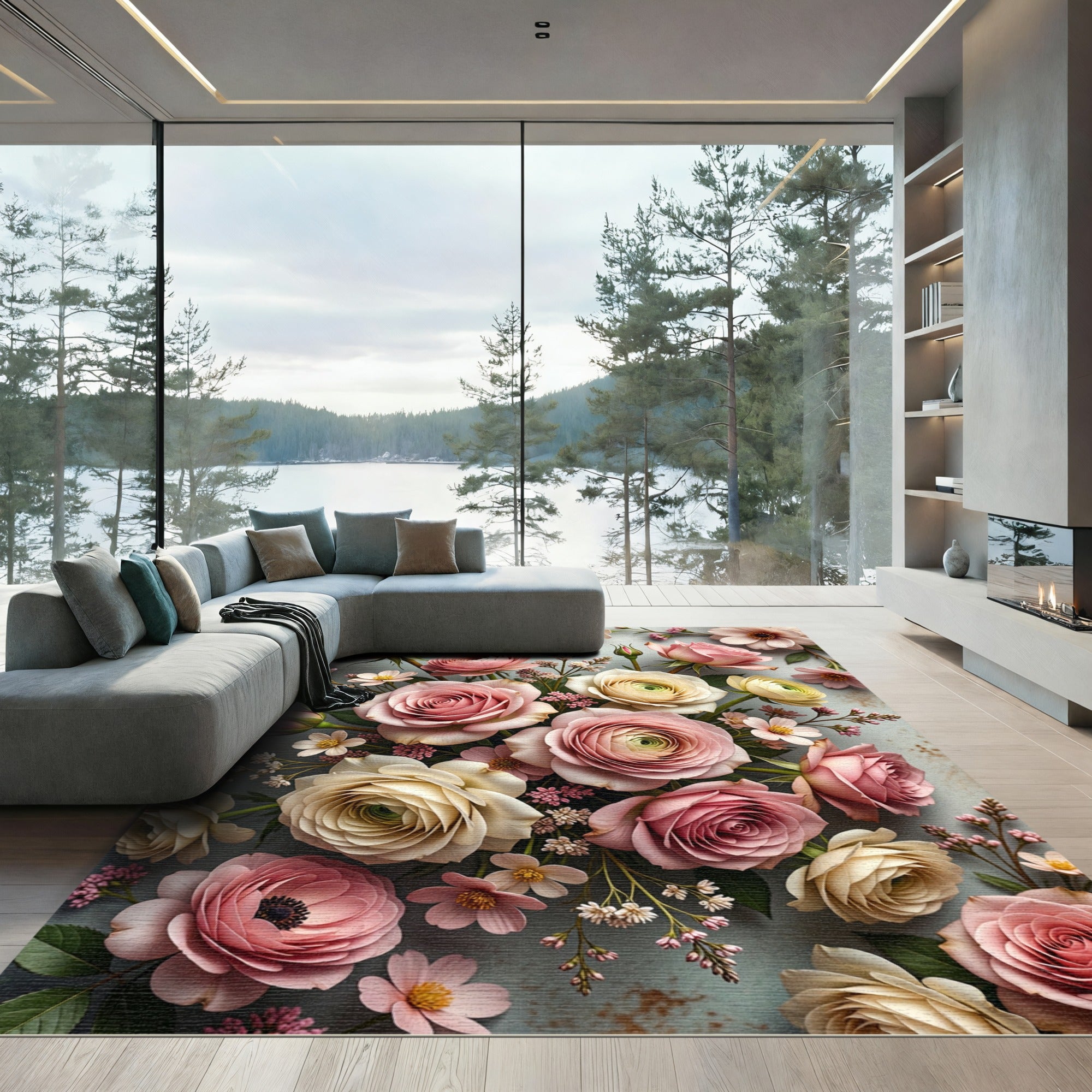 Pink Ivory Rose Bouquet Arrangement Rug