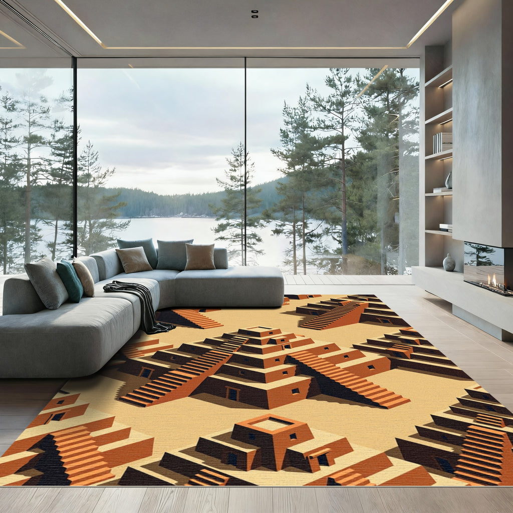 Isometric Terracotta Sand Ziggurat Staircase Rug