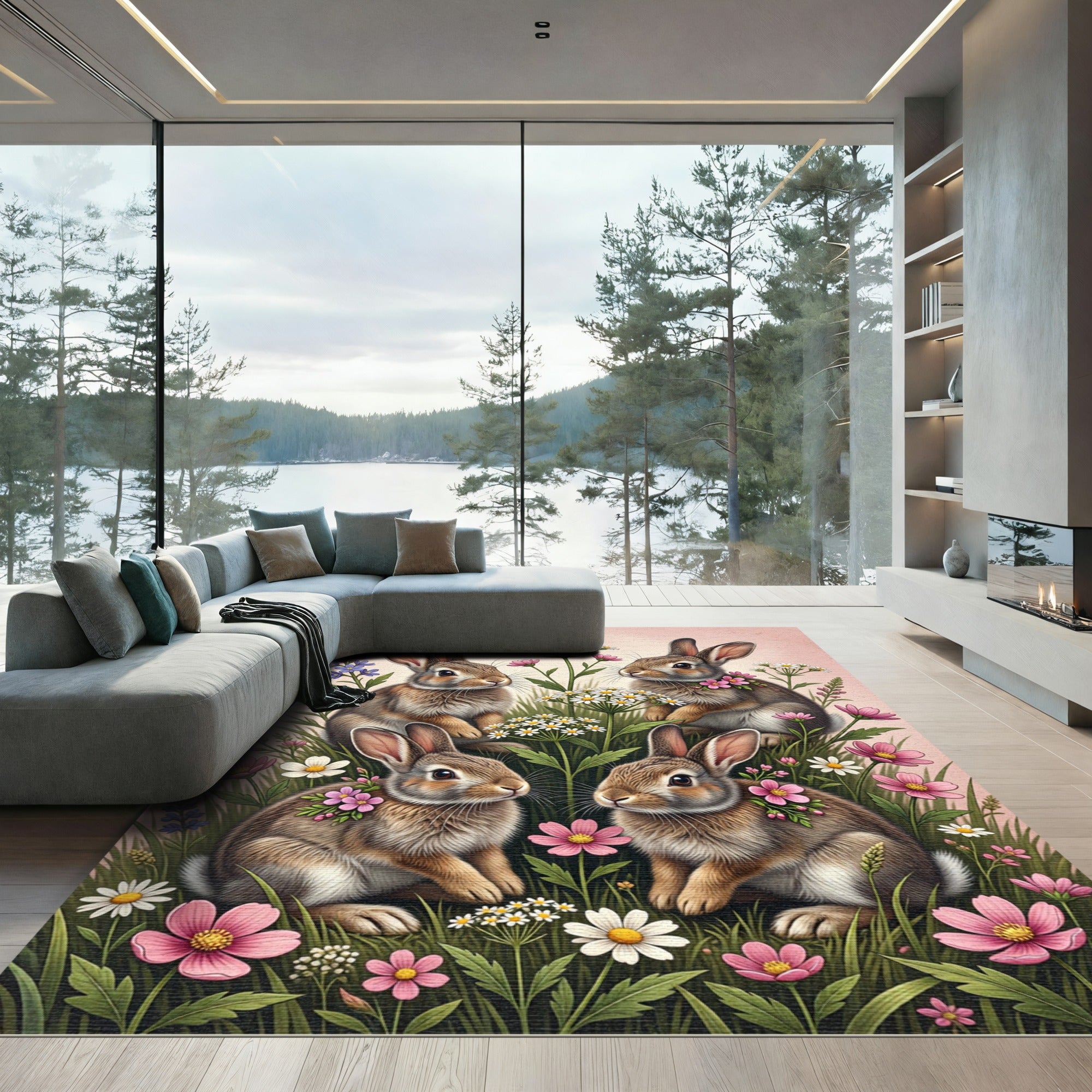Whimsical Meadow Bunnies and Wildflowers Rug