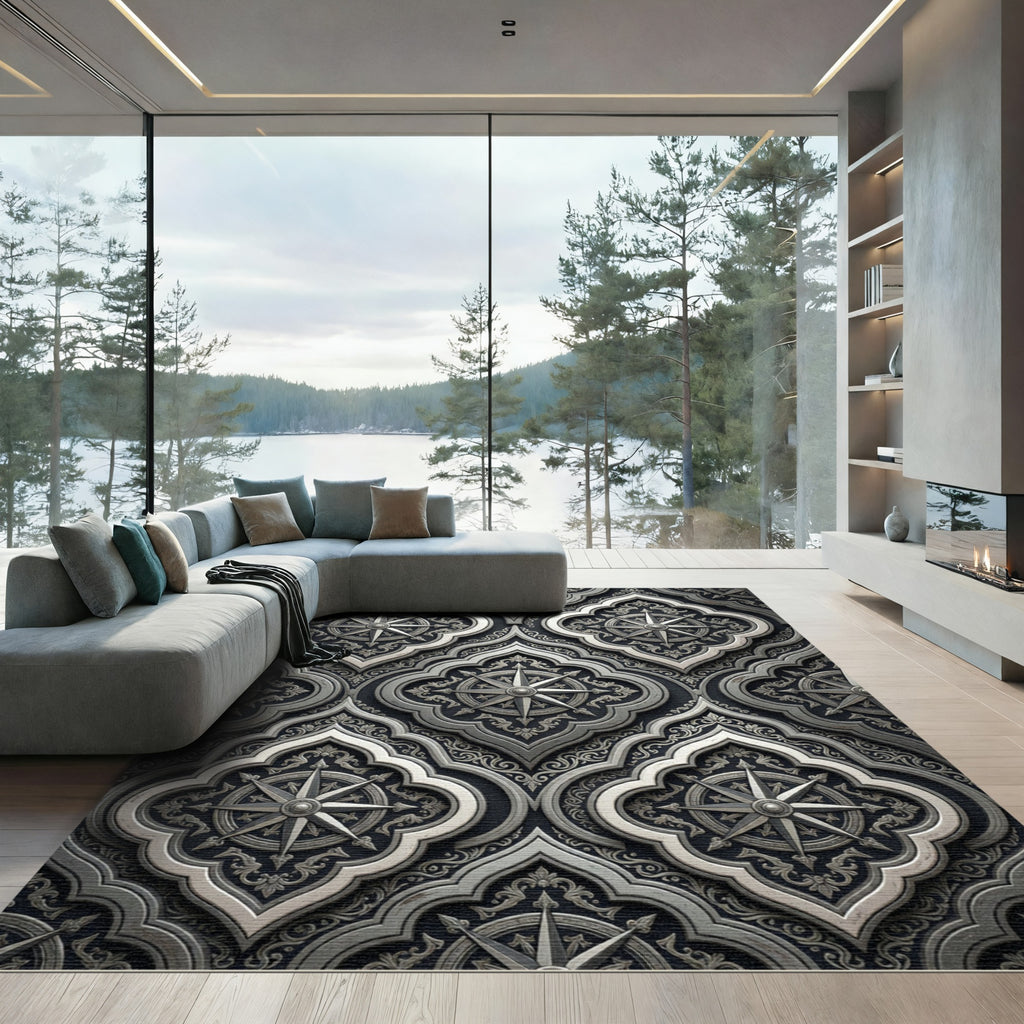 Ornate Silver Compass Rose Tile Rug