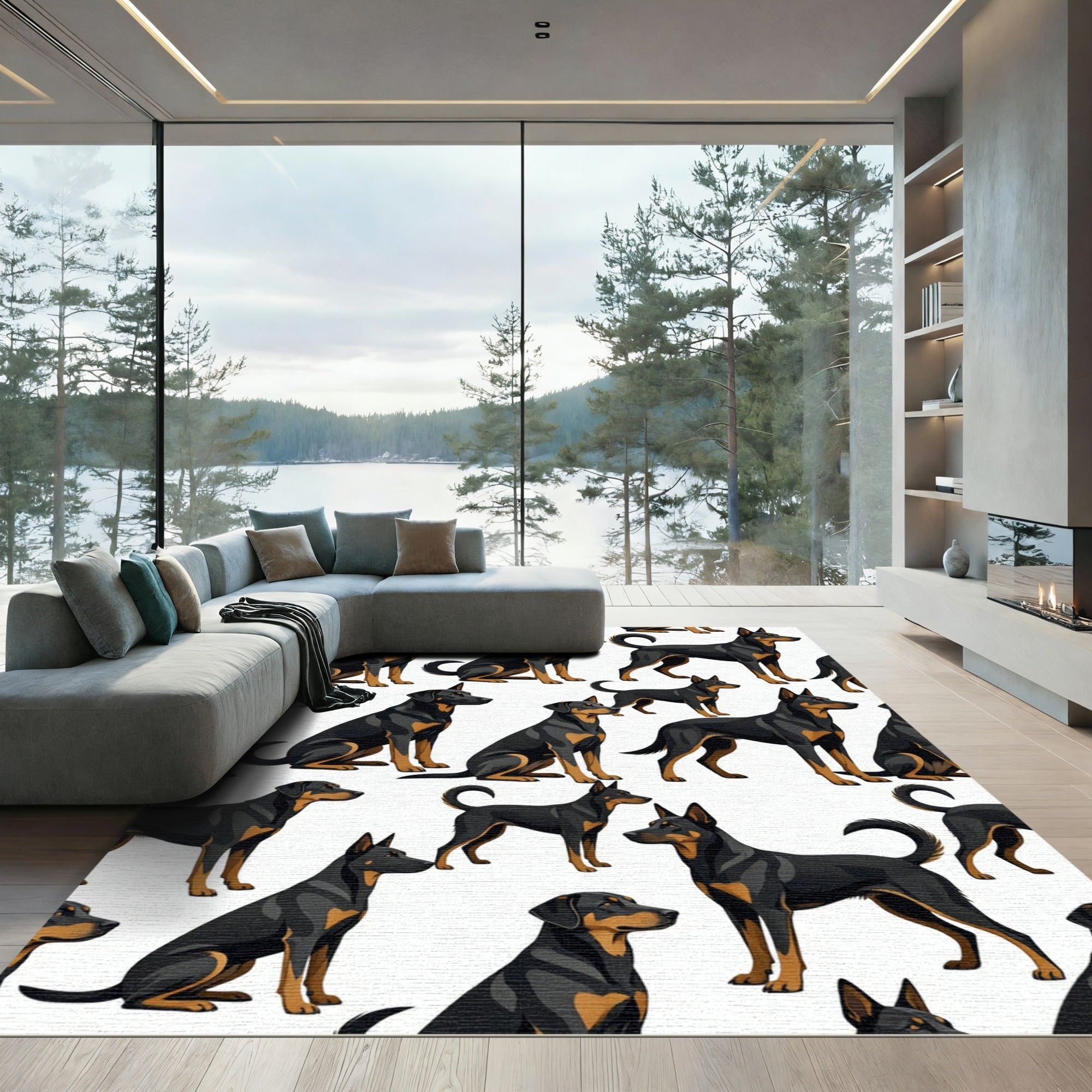 Sleek Black and Tan Canine Illustration Rug