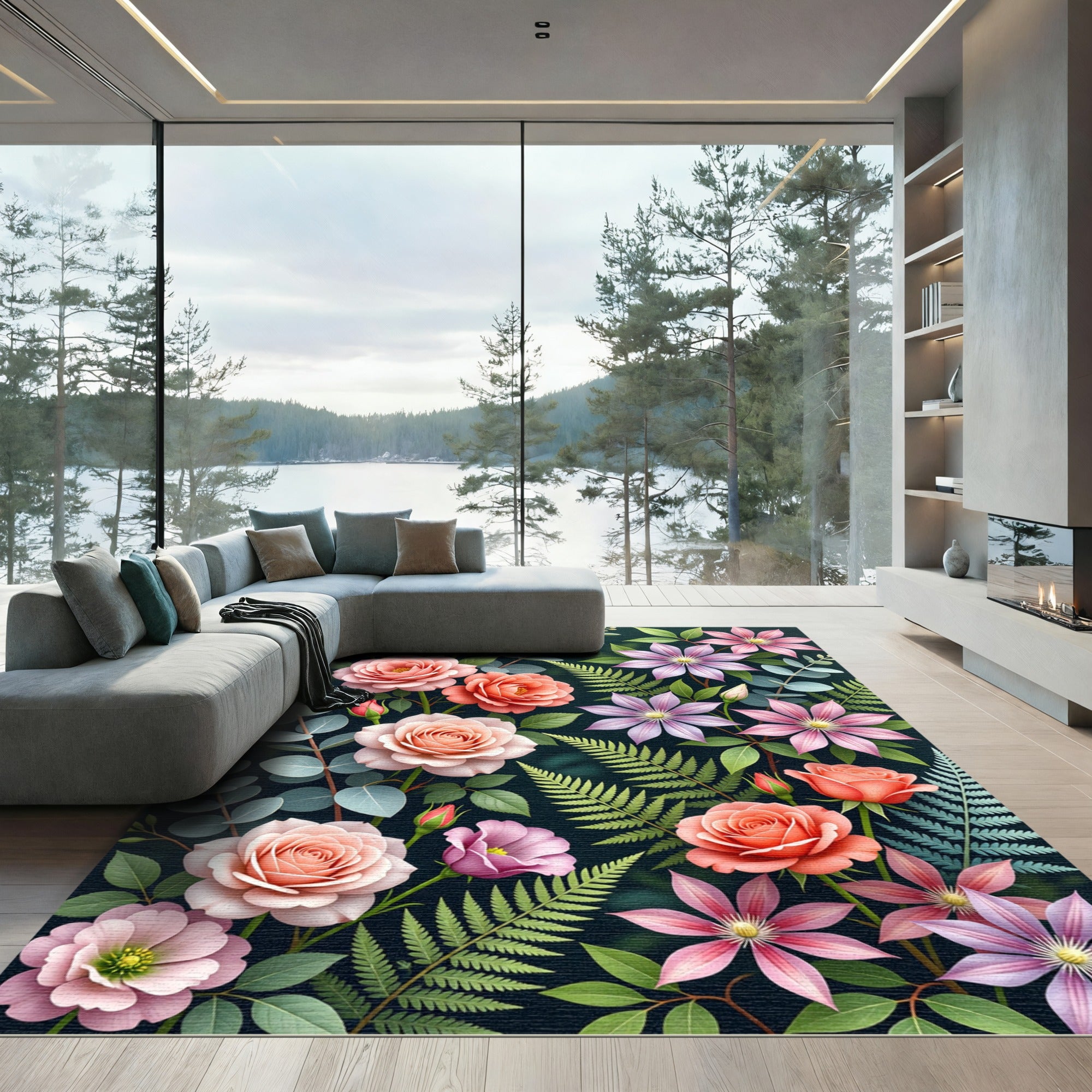 Coral Pink Rose Garden Floral Rug