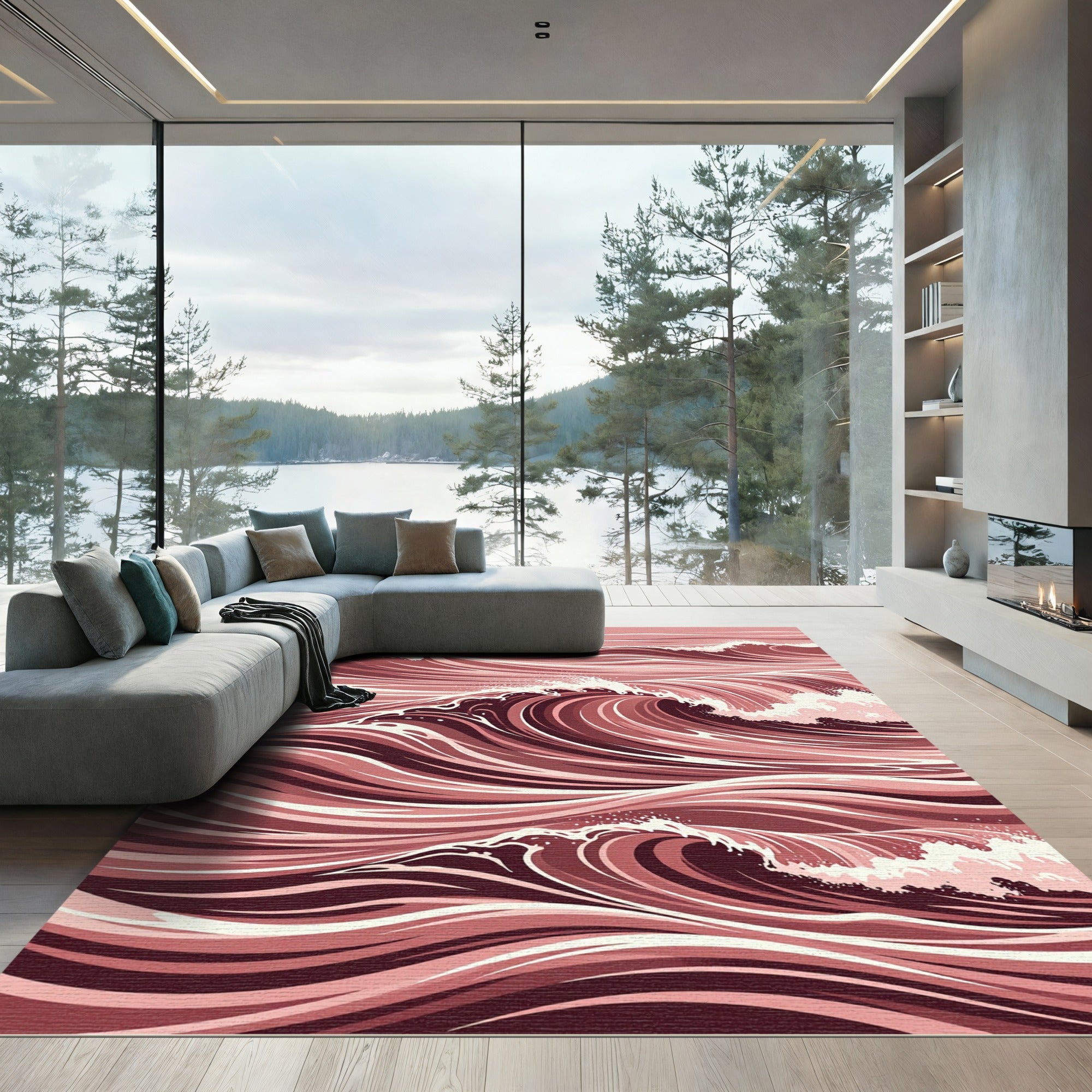 Crimson Ocean Swirl Abstract Wave Rug