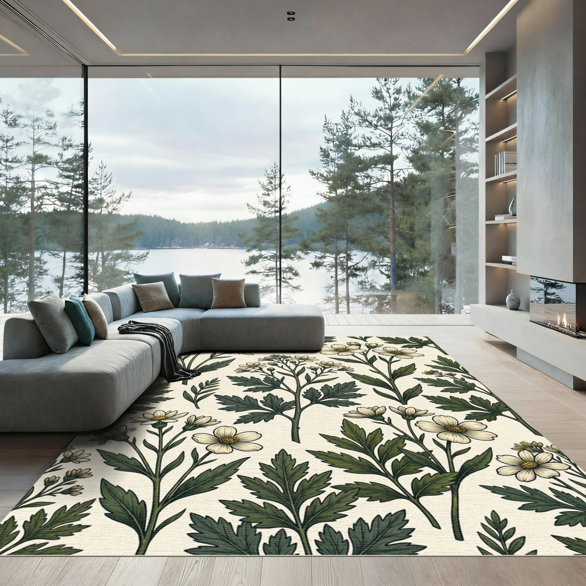 Vintage Botanical Green White Wildflower Meadow Rug