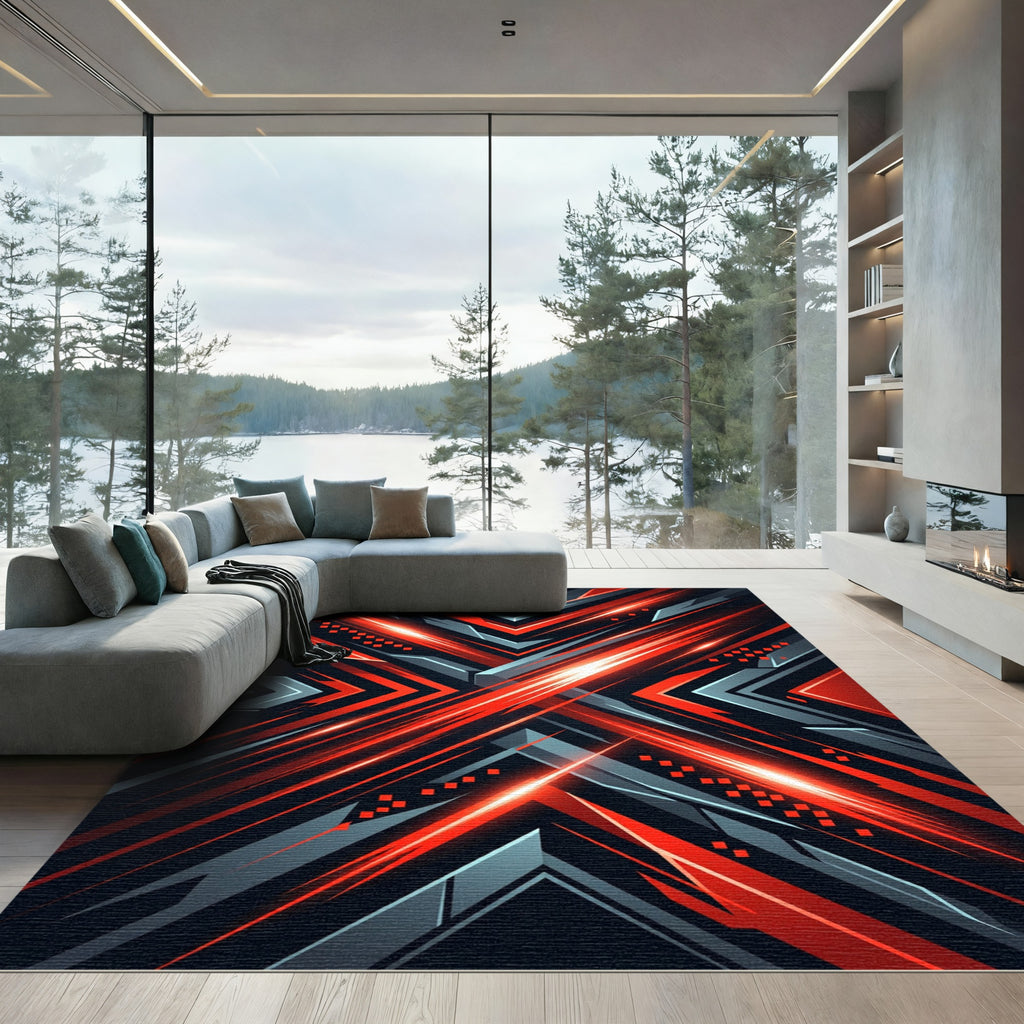 Electric Red Geometric Cyber Energy Rug
