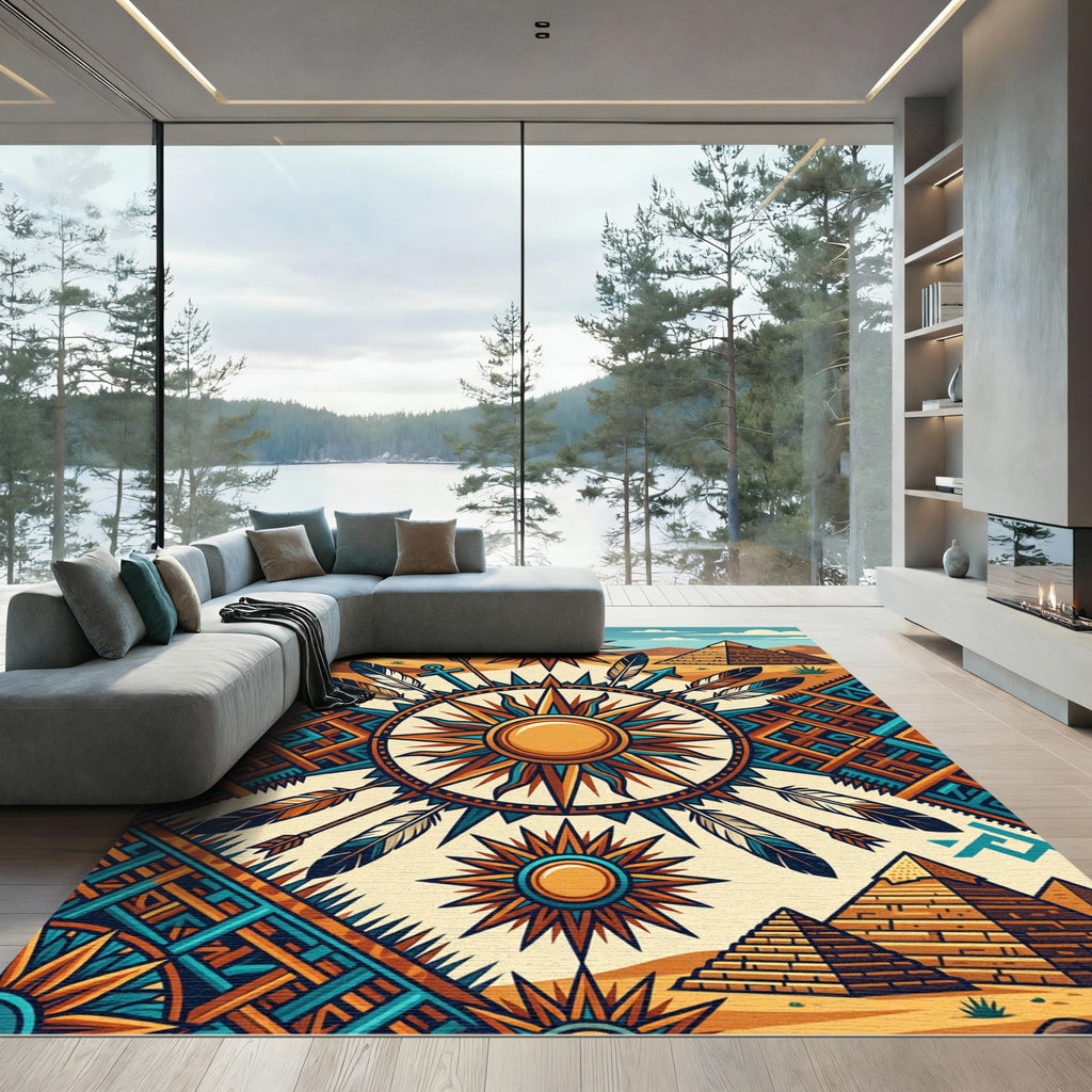 Ancient Sun Arrow Feather Pyramids Rug