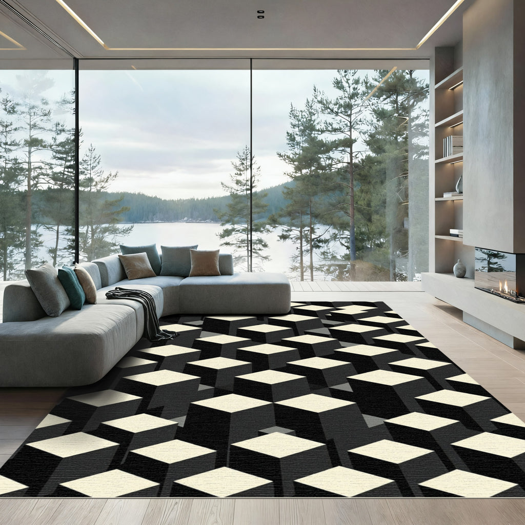 Minimalist Monochrome Isometric Cube Grid Rug