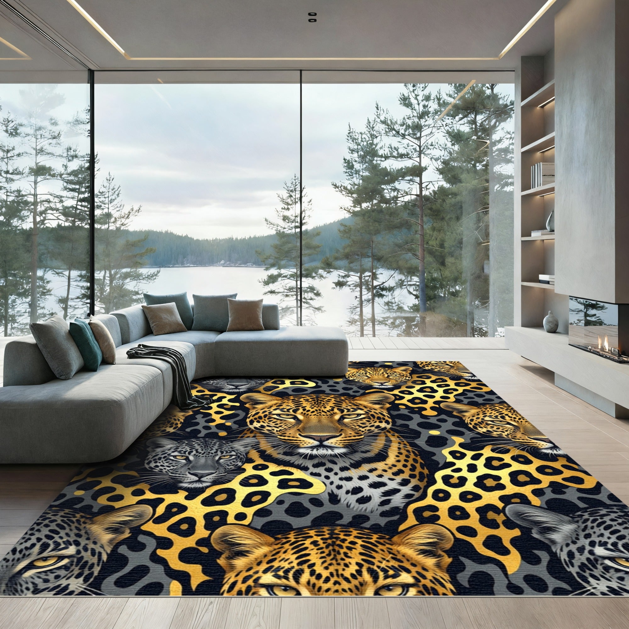 Exotic Golden Leopard and Jaguar Fusion Rug