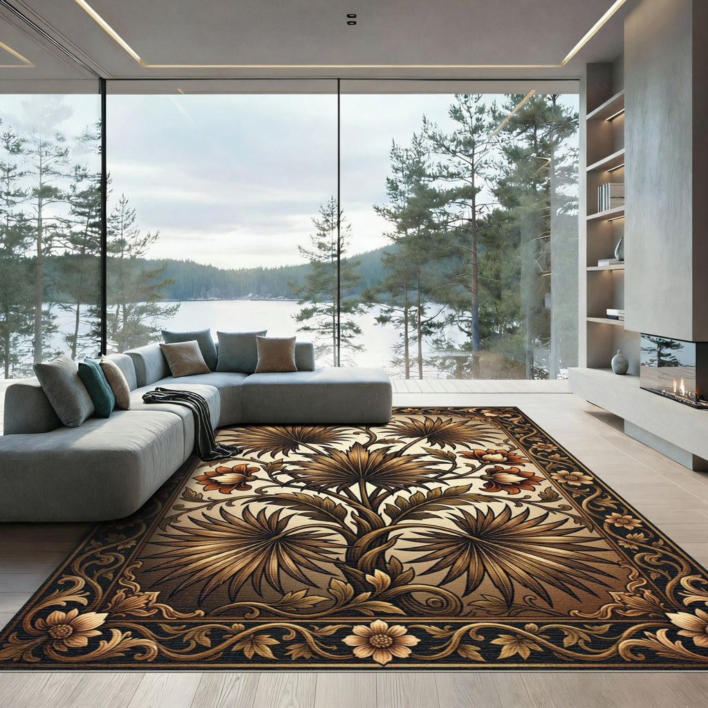 Golden Brown Botanical Floral Frame Rug