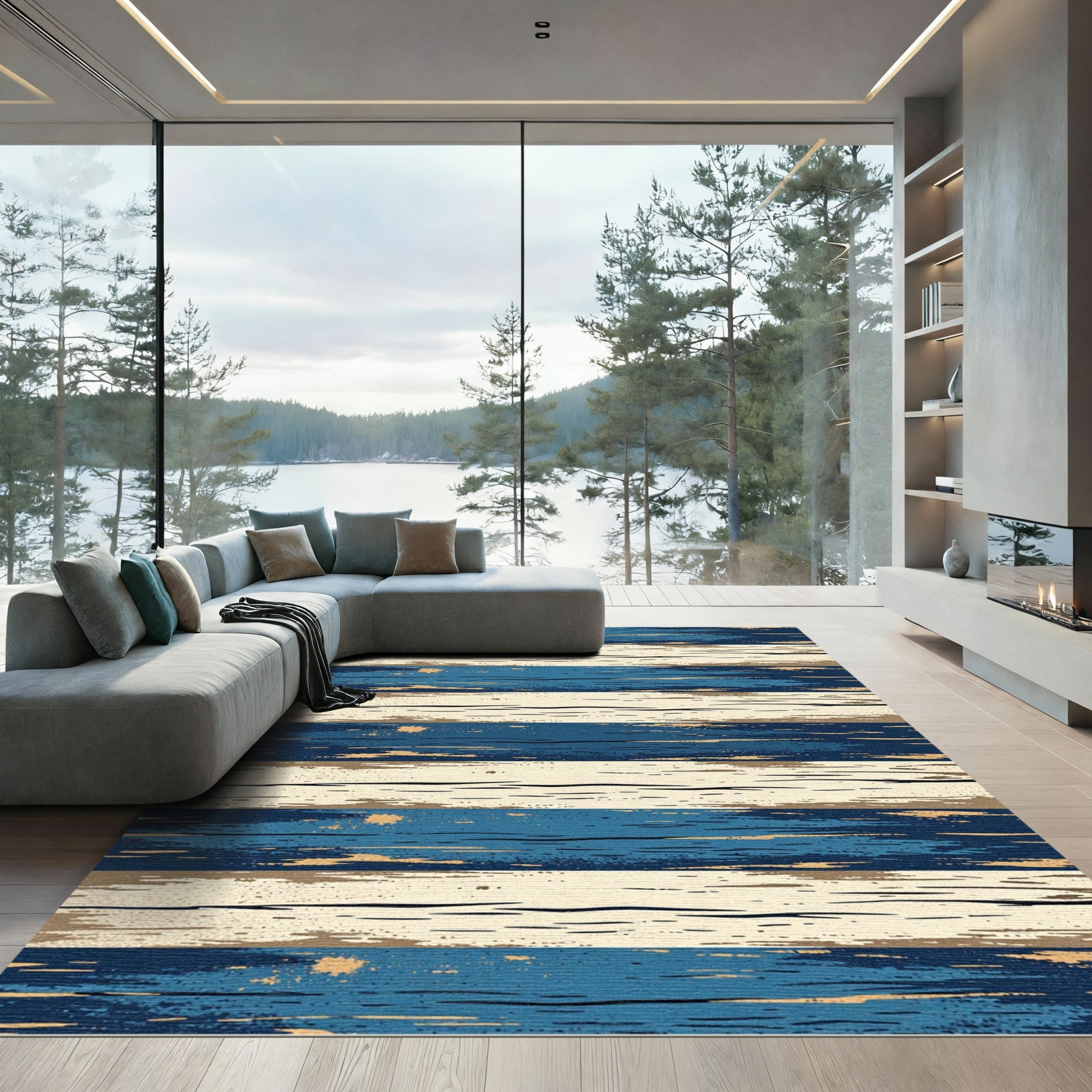 Distressed Navy and Beige Striped Rug