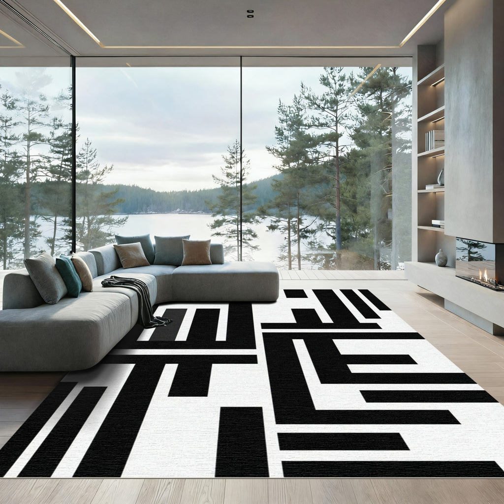 Minimalist Black and White Abstract Geometric Rug