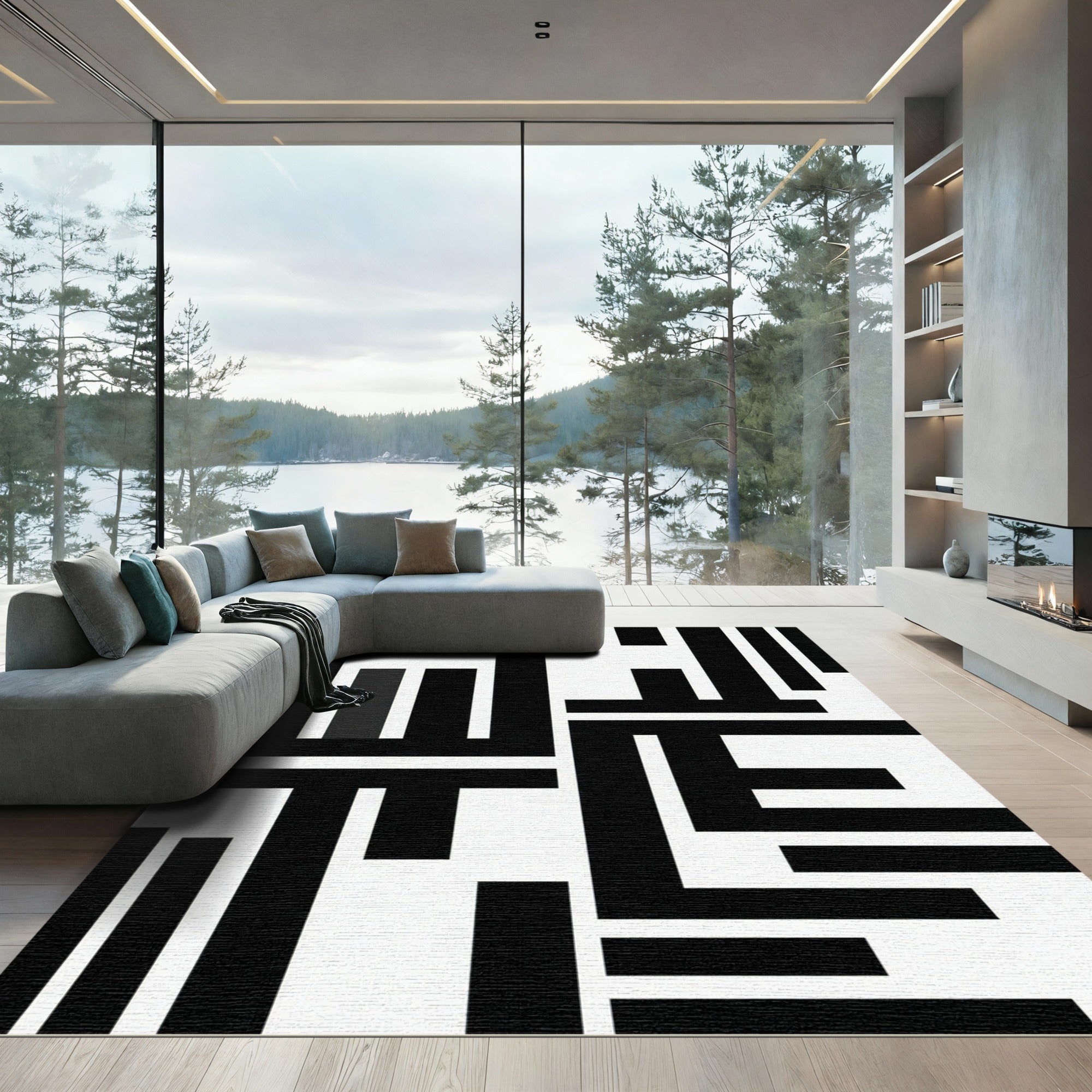 Minimalist Black and White Abstract Geometric Rug