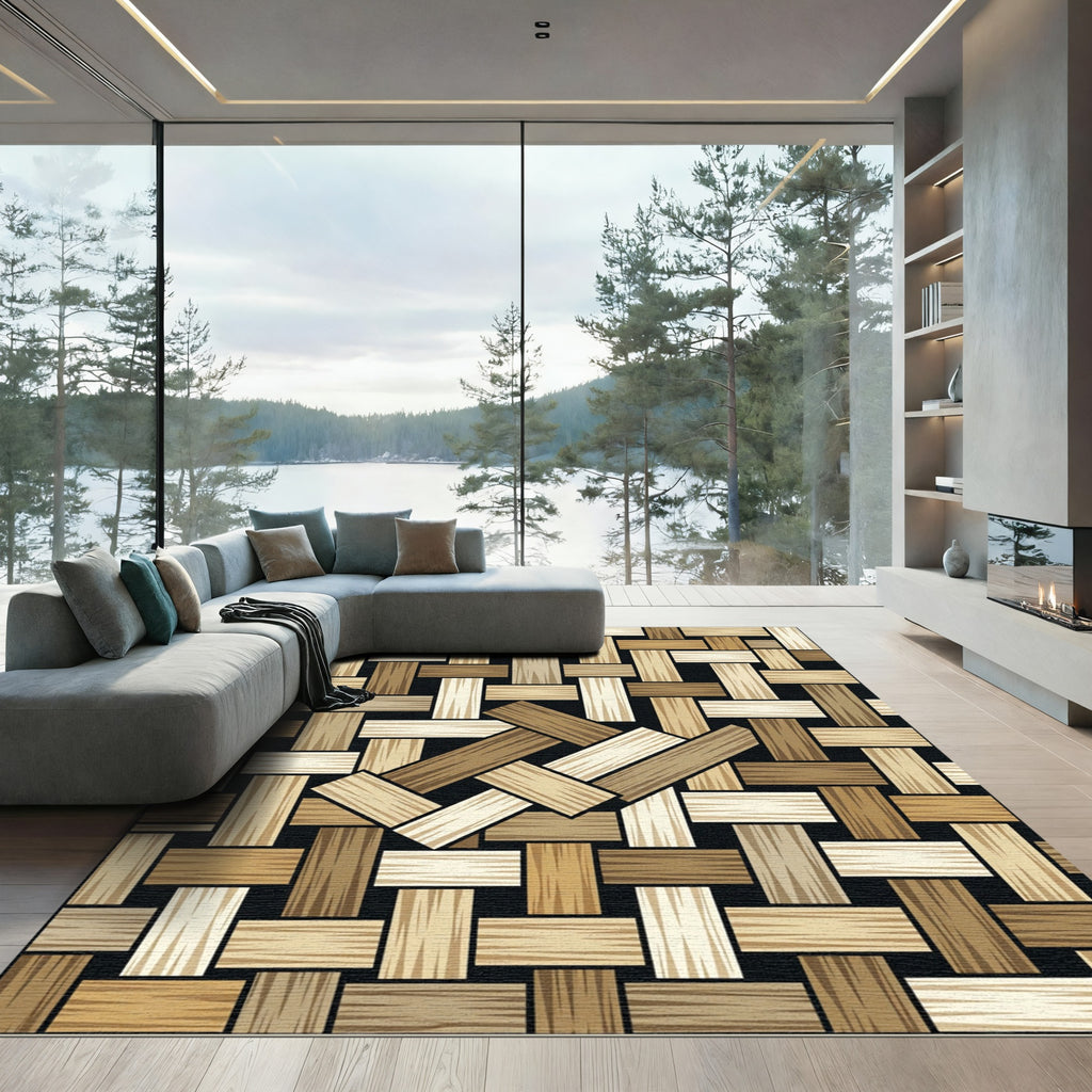 Modern Earthy Tone Woven Wood Weave Rug
