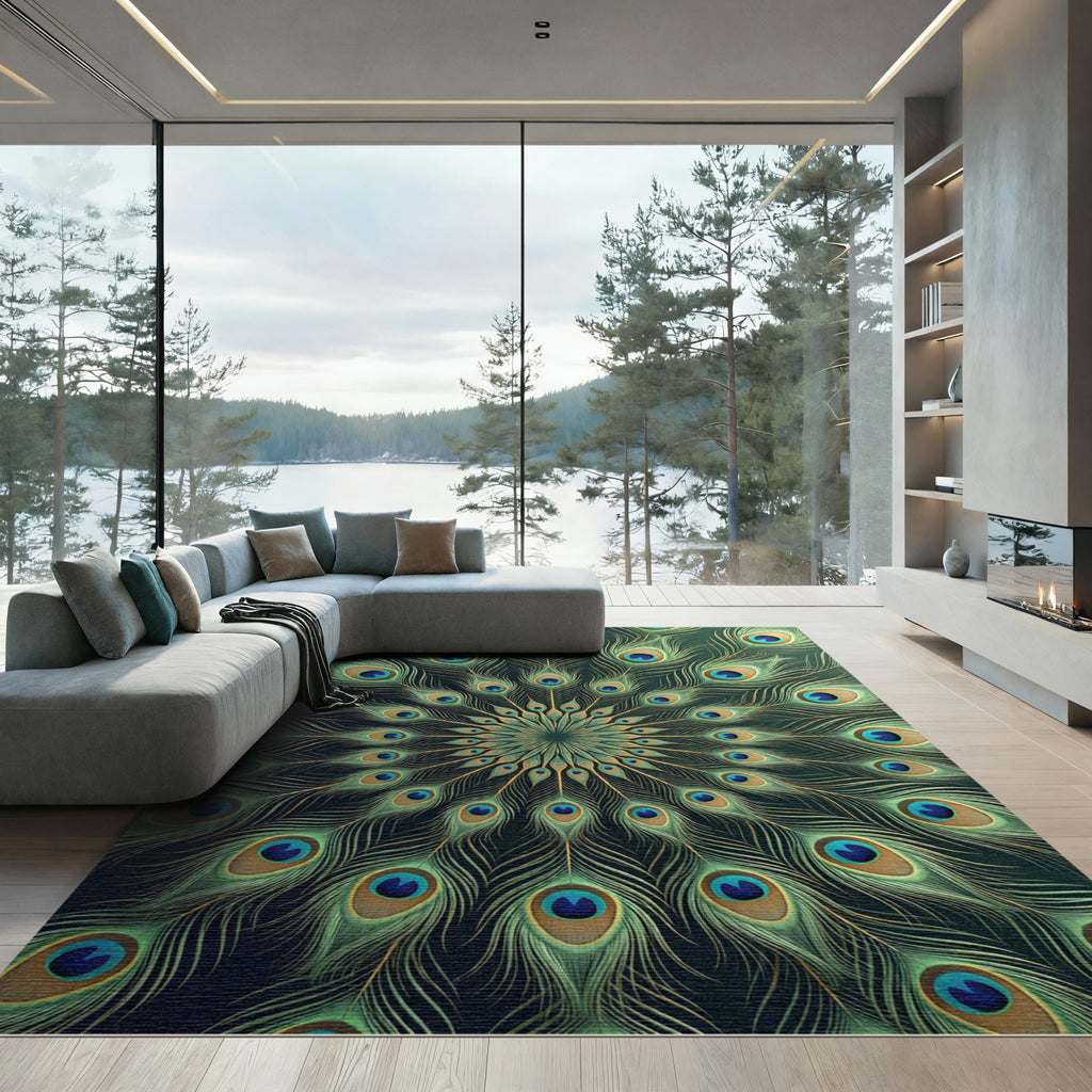 Elegant Emerald Peacock Feather Mandala Rug