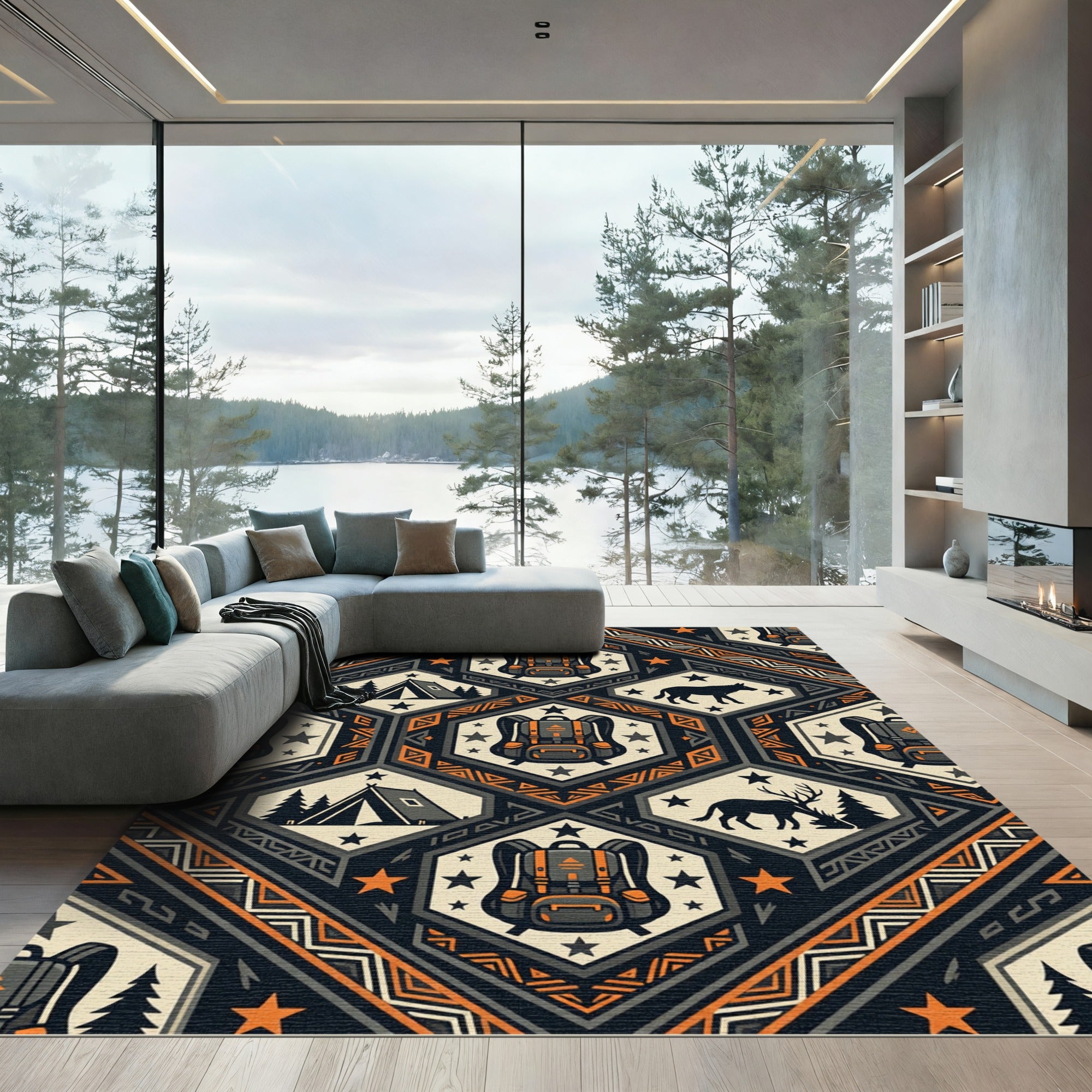 Geometric Hexagonal Adventure Camping Icon Rug