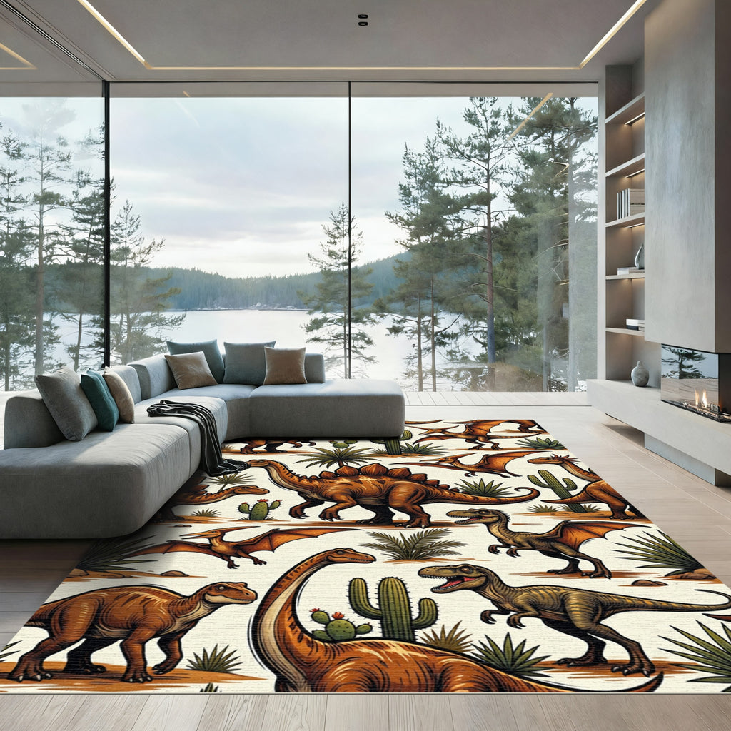 Desert Dinosaur Earthy Tones Illustration Rug