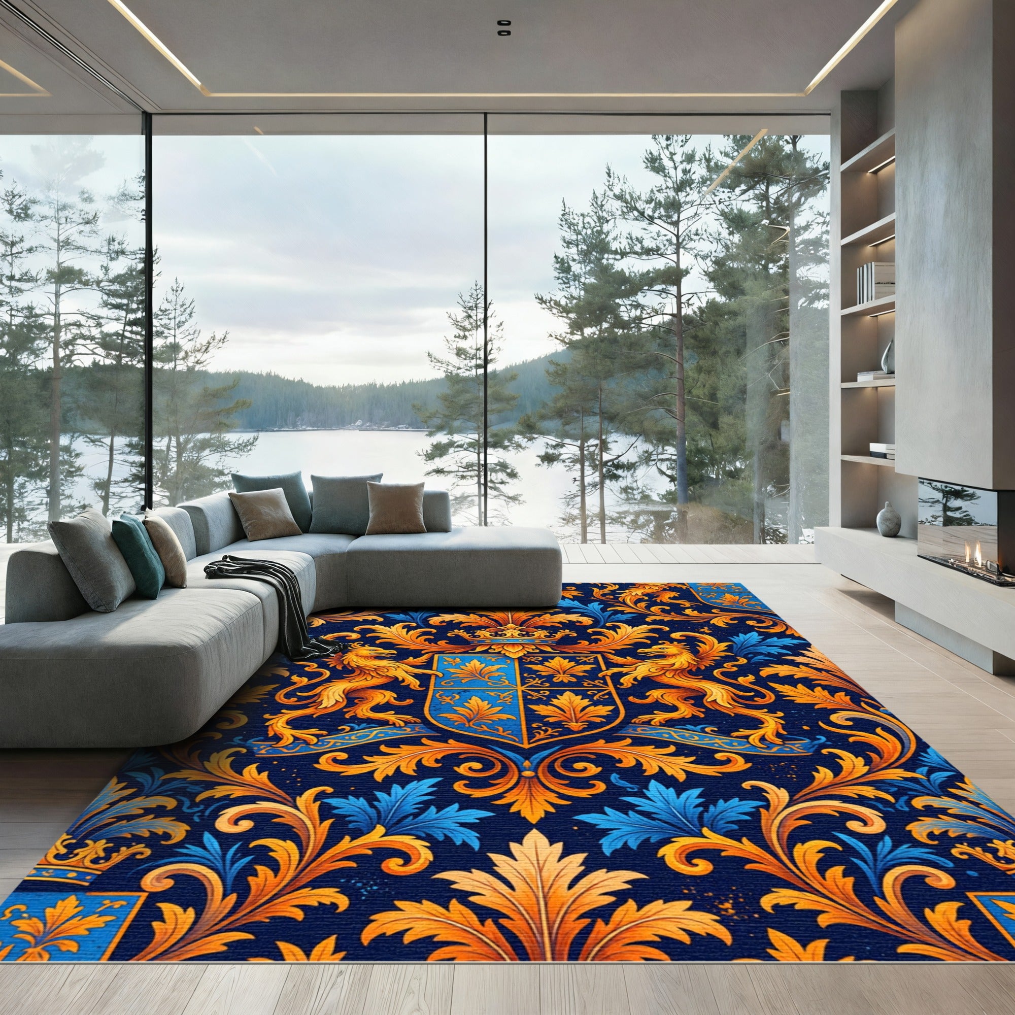 Royal Blue Gold Heraldic Crest Flourish Rug