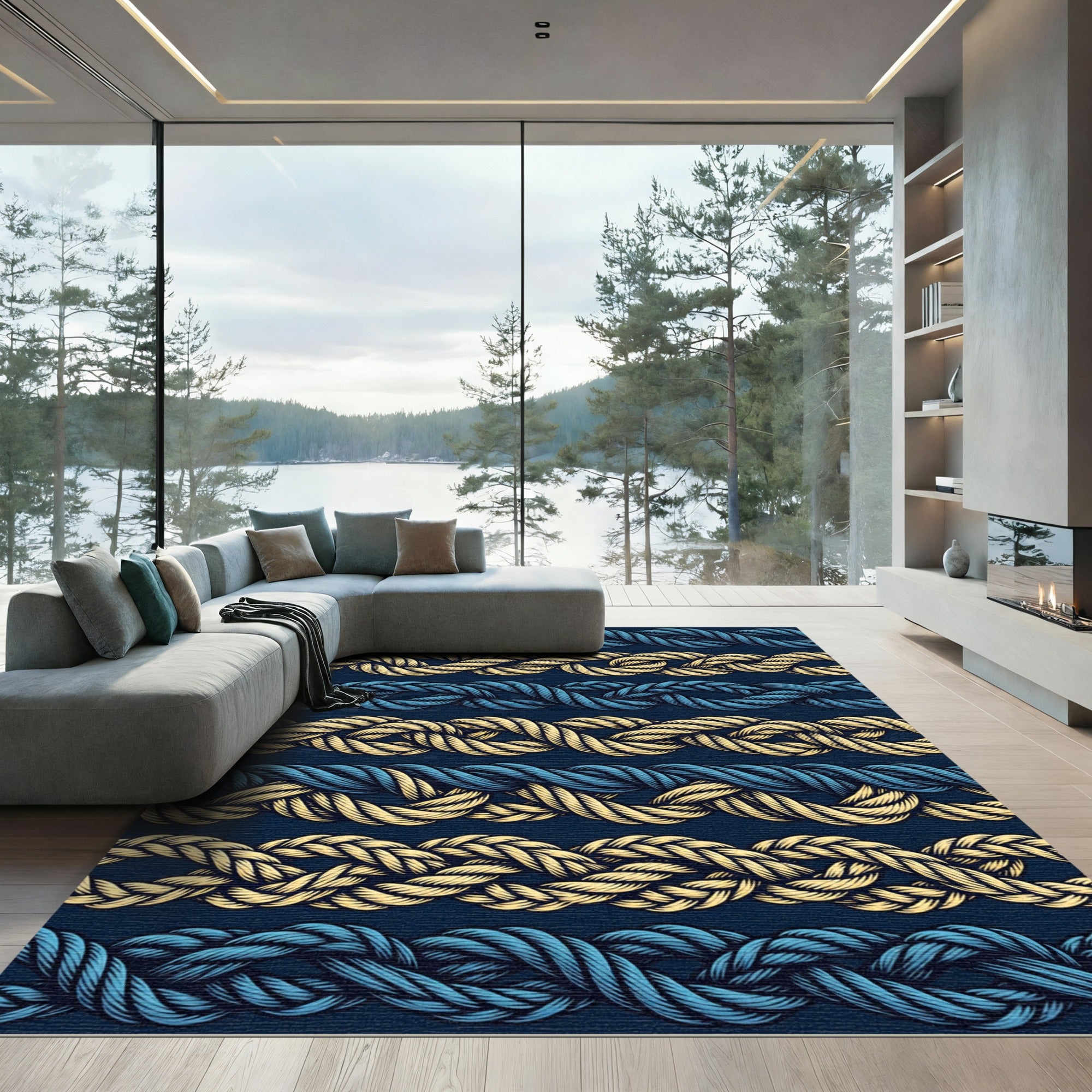 Braided Rope Blue Gold Stripes Rug
