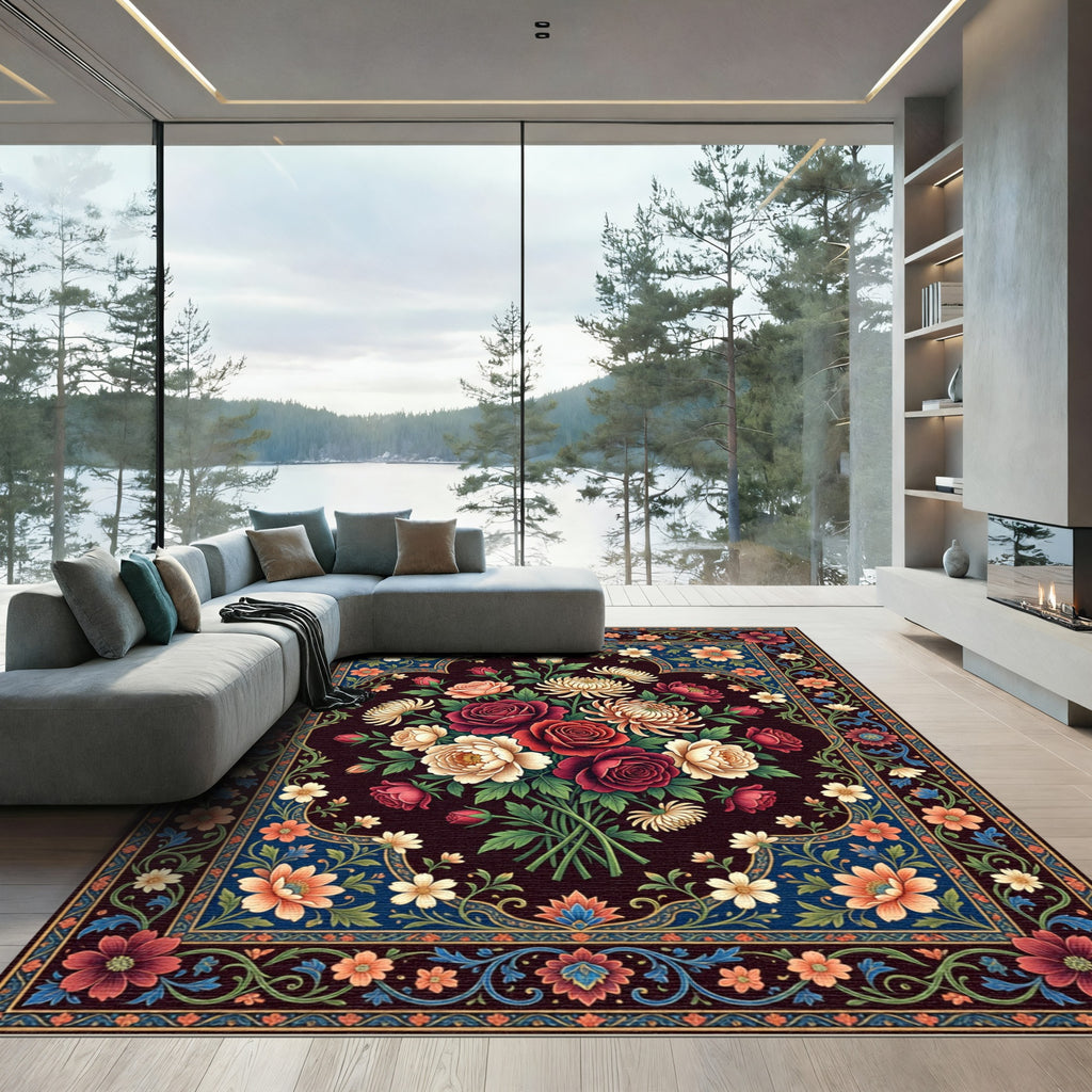 Dark Floral Bouquet Ornate Medallion Art Rug