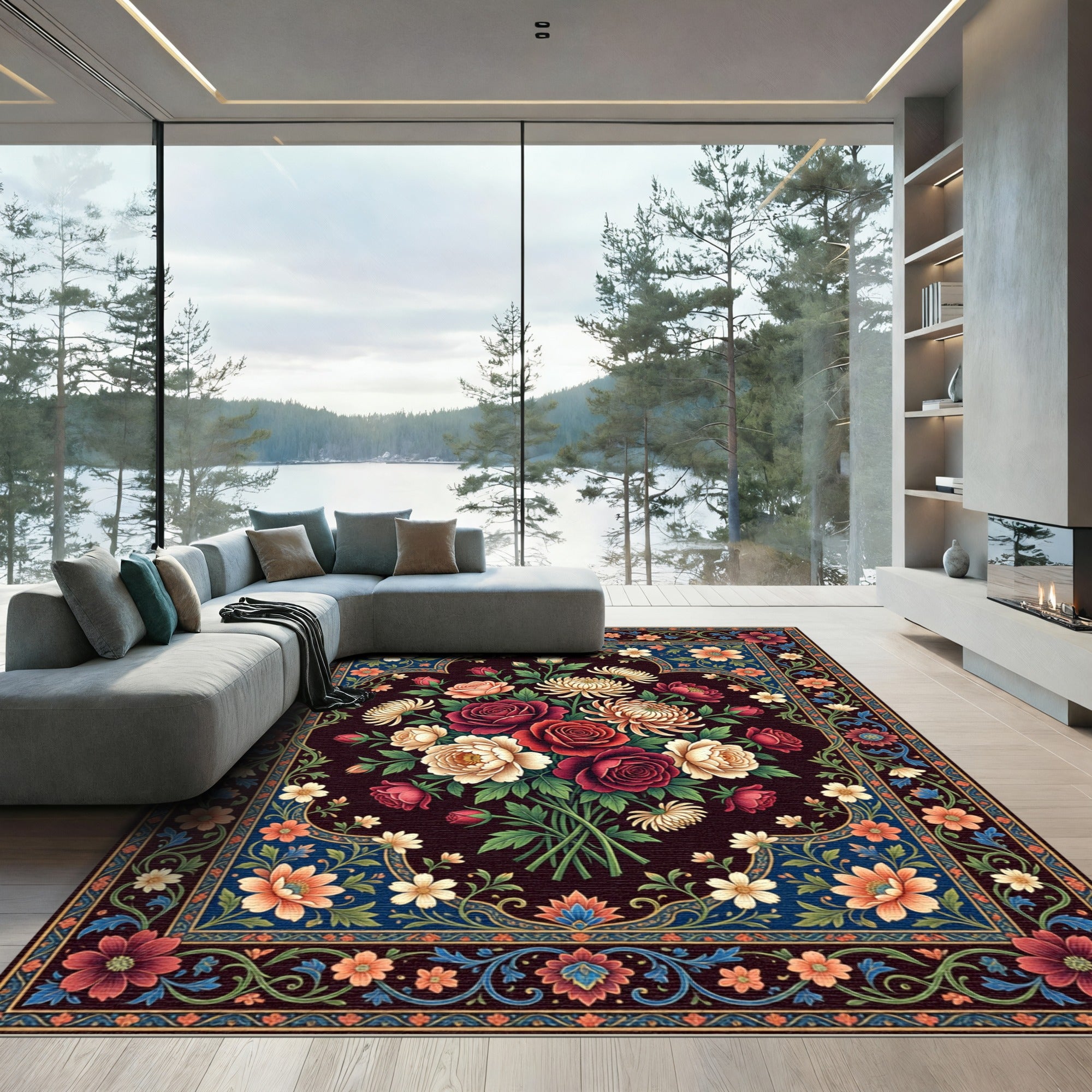 Dark Floral Bouquet Ornate Medallion Art Rug